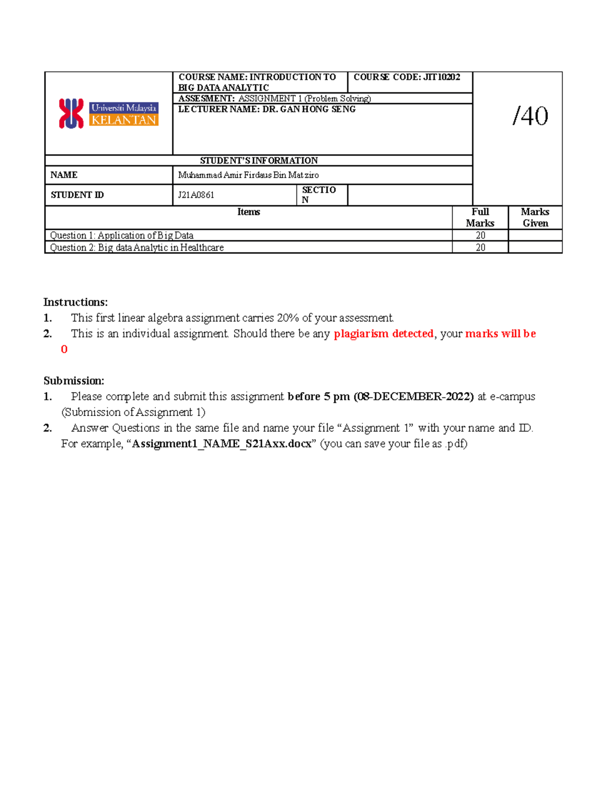 Big Data Analytics - Assignment (problem solving) - COURSE NAME ...