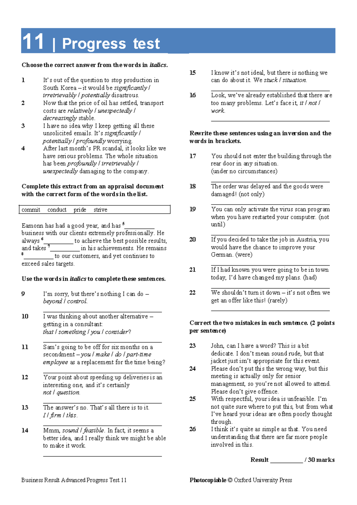 Business Result Advanced Progress Test 11: Answer Key and Guidelines ...