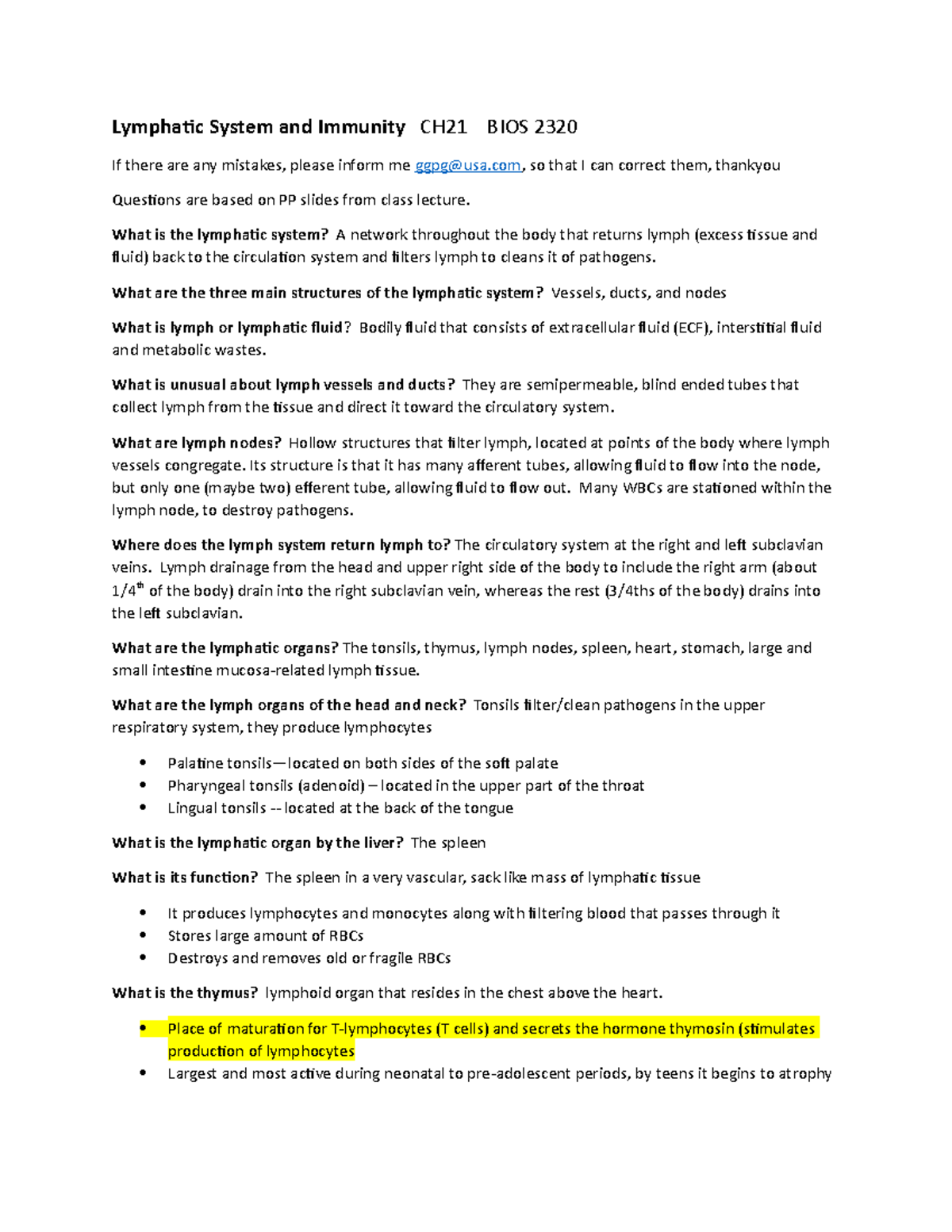 Lymphatic System and Immunity Overview CH21 BIOS 2320 Lecture Notes ...