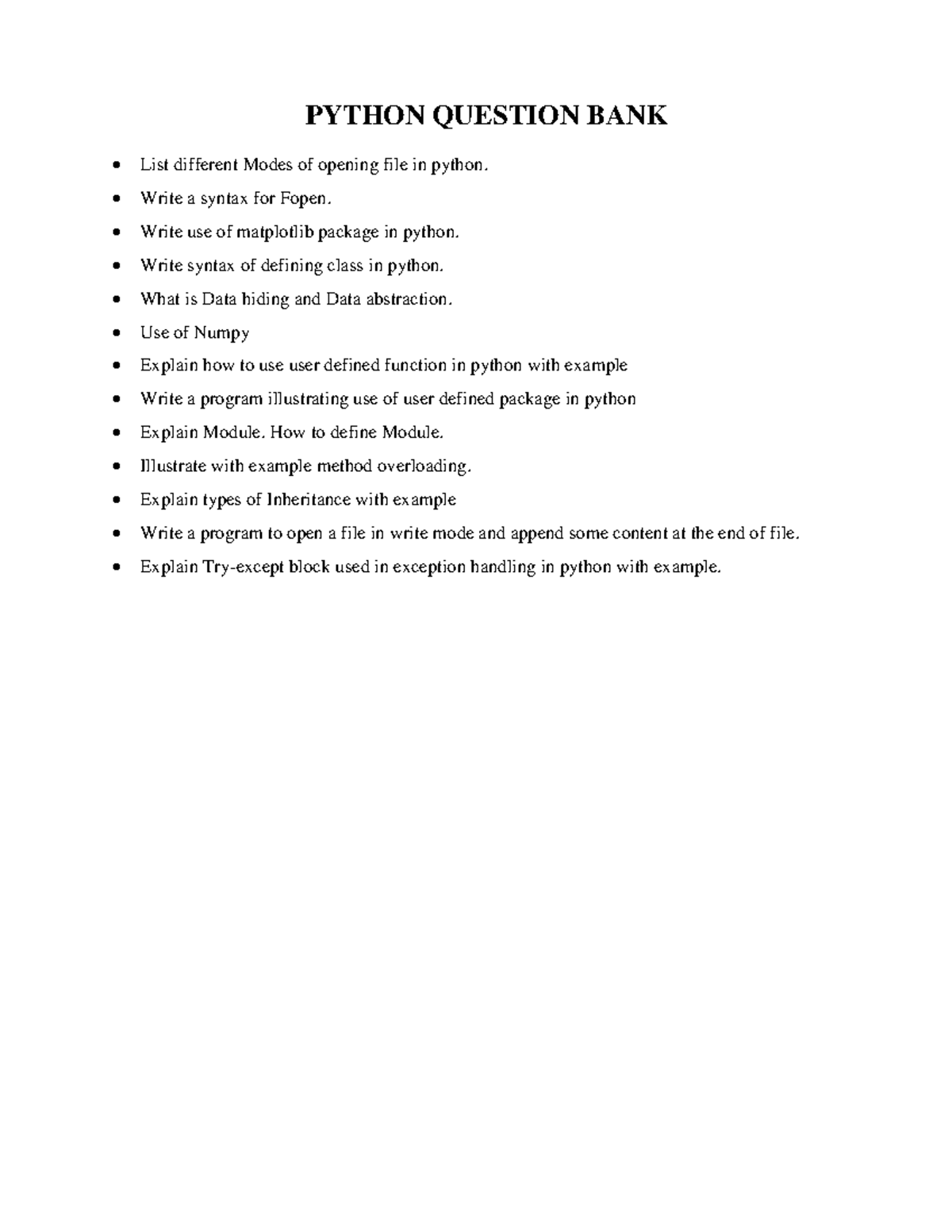 PYTHON QUESTION BANK: File Modes, Classes, Inheritance & More (PWP ...