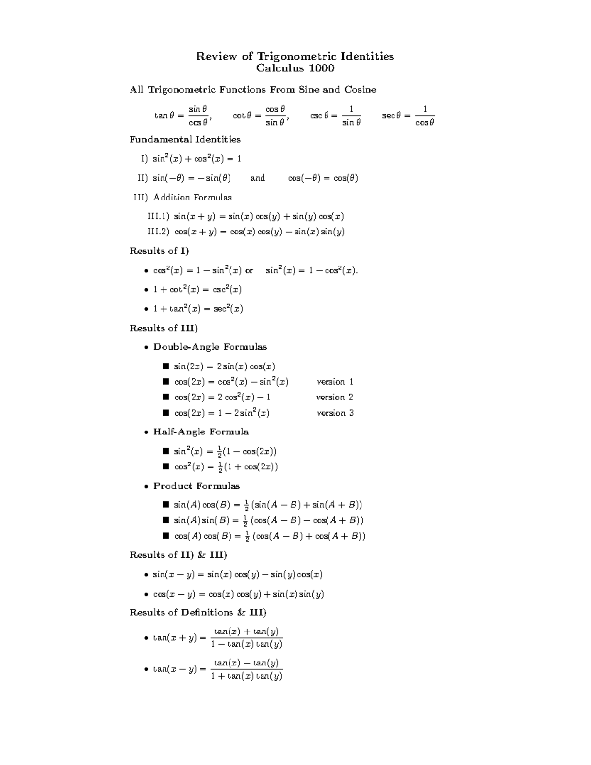 Calculus 1000: Review of Trigonometric Identities and Functions - Studocu