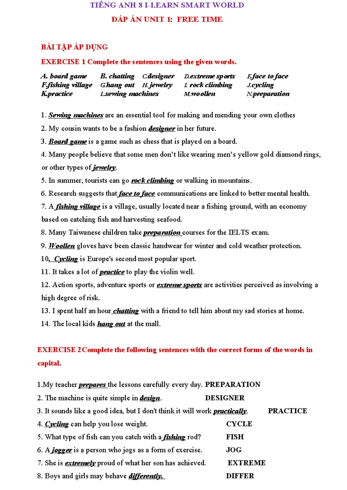 TIẾNG ANH 8 SMART WORLD ĐÁP ÁN UNIT 1 & 2: FREE TIME & LIFE IN THE ...
