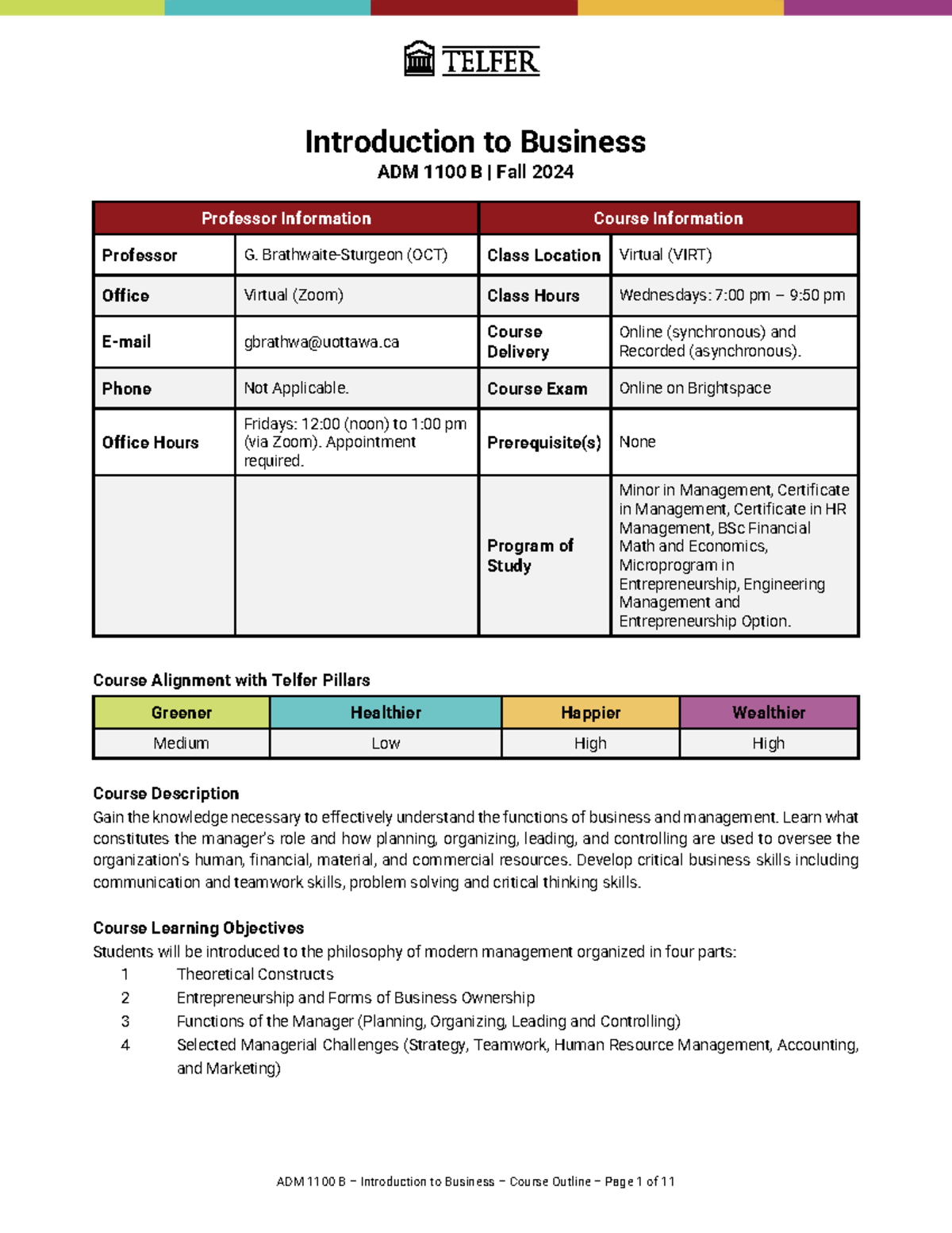 ADM 1100 B Course Outline Fall 2024 - Introduction to Business ADM 1 ...