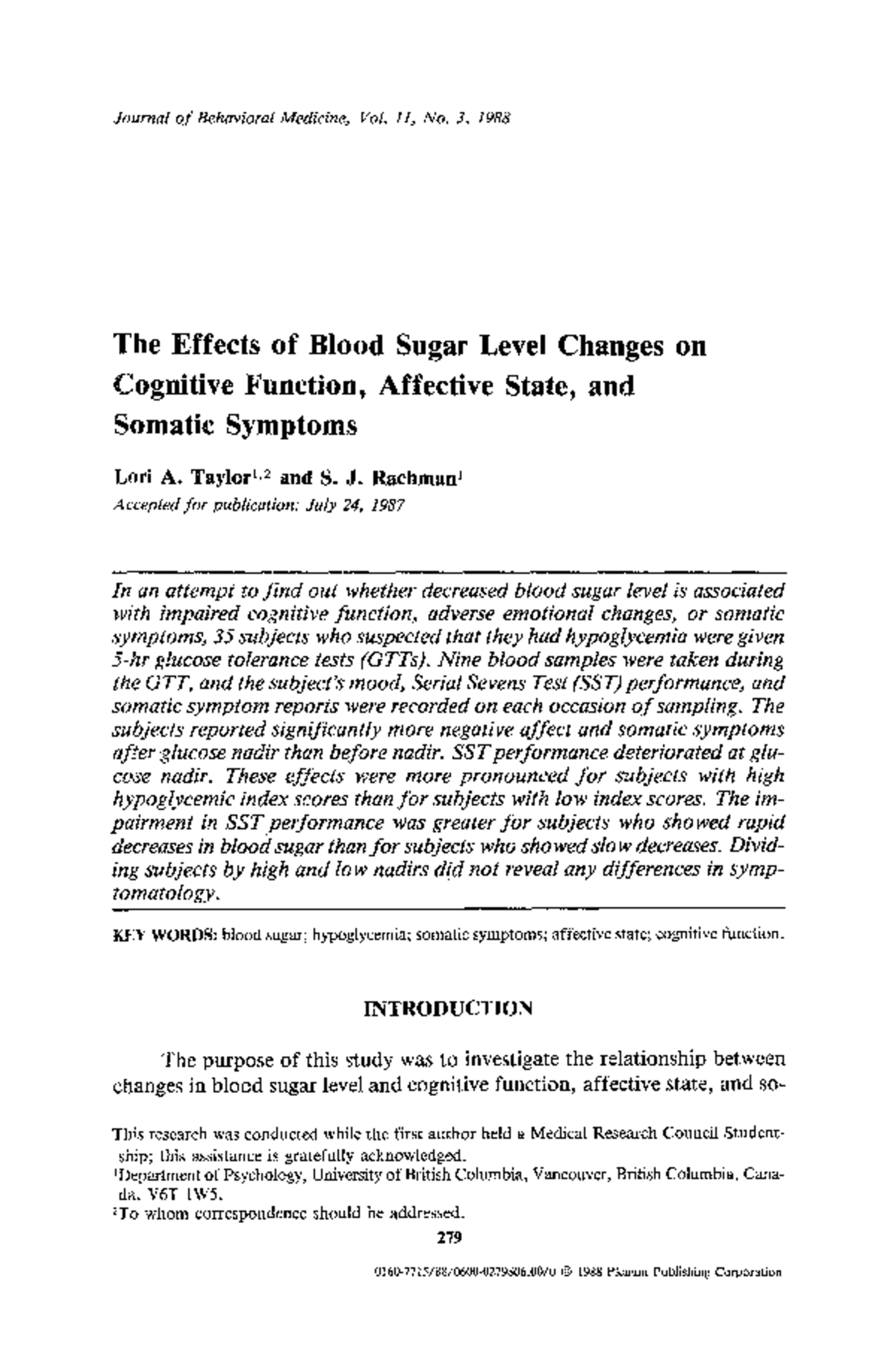 The Effects of Blood Sugar Changes on Cognitive Function and Mood: A ...