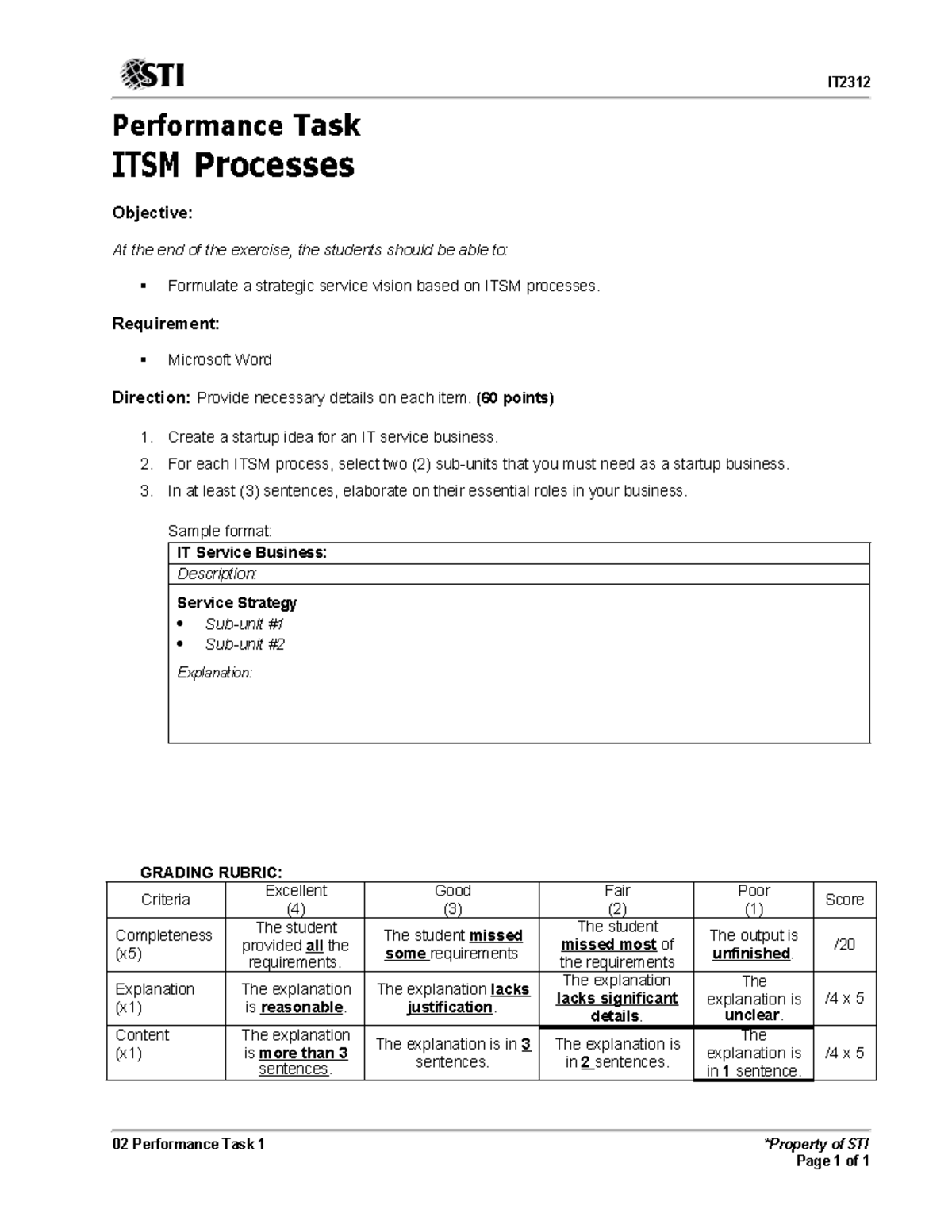 02 Performance Task 1 - Strategic ITSM Process Development - Studocu