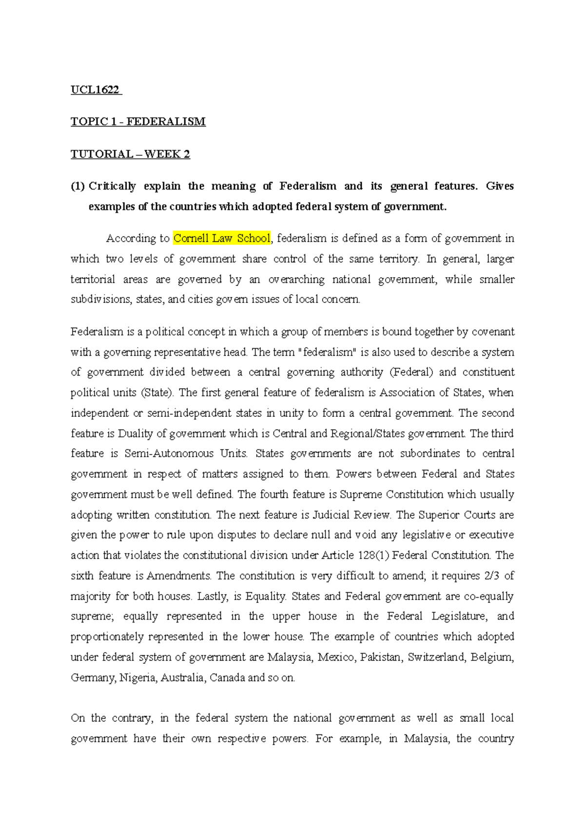 Week 2 Federalism - Please use at your own risk. - UCL TOPIC 1 ...