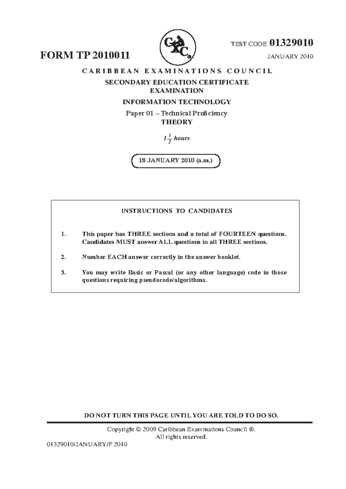 Jan 2010 P1 Information Technology Examination Paper – Technical ...