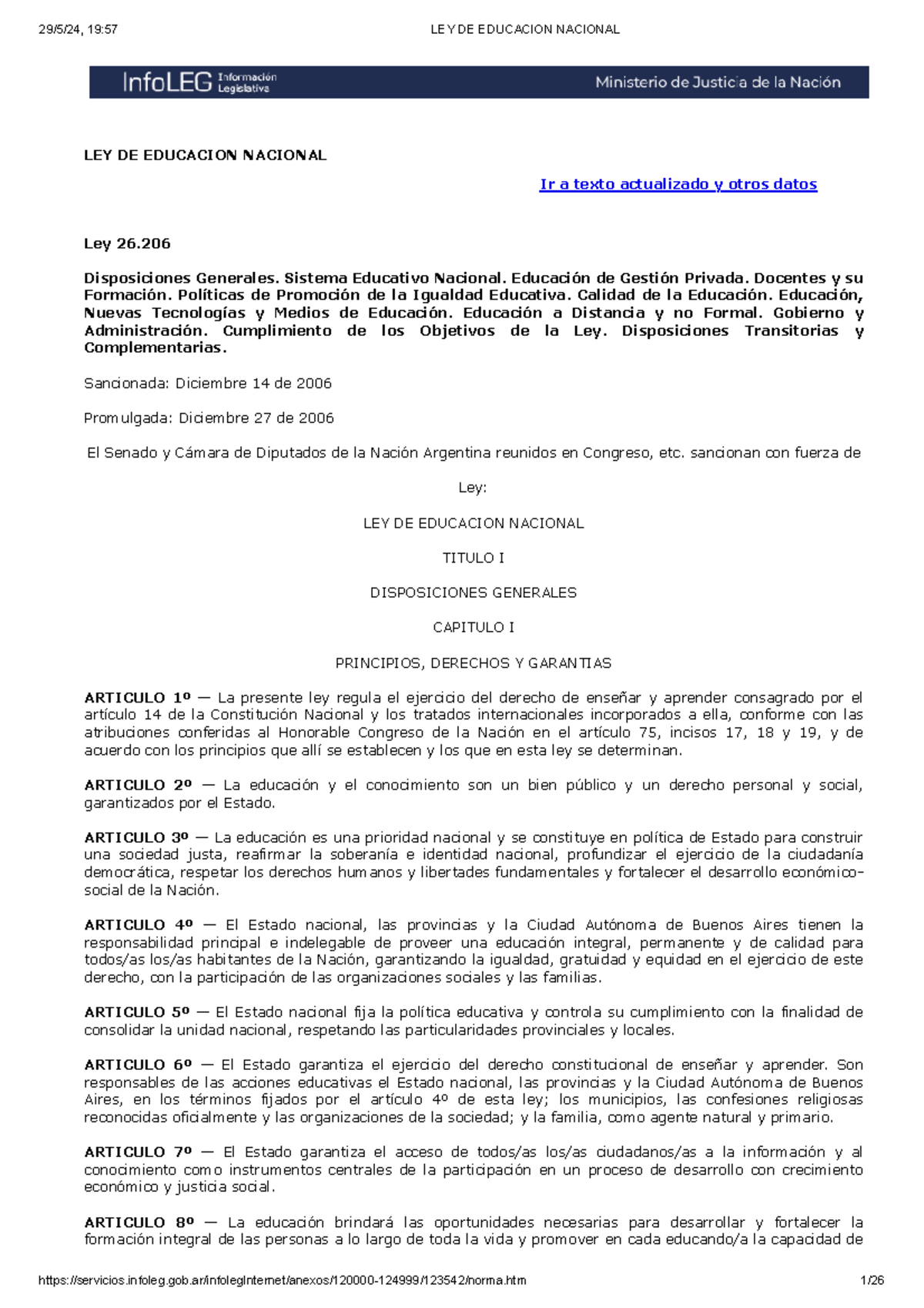 LEY DE EDUCACIÓN NACIONAL (Ley 26.206): Disposiciones Generales y ...