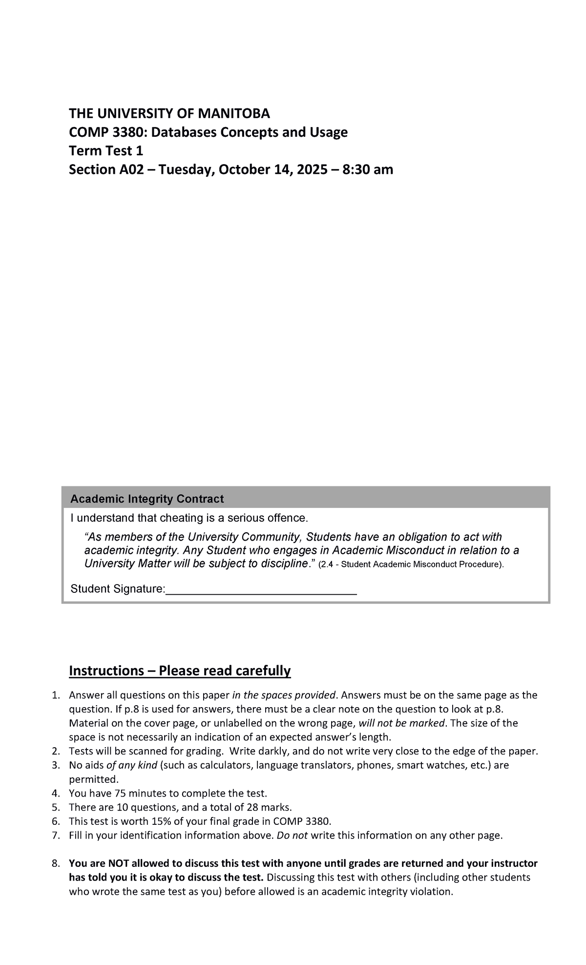COMP 3380 A02 Term Test 1 Fall 2025: Answer Key and Solutions - Studocu