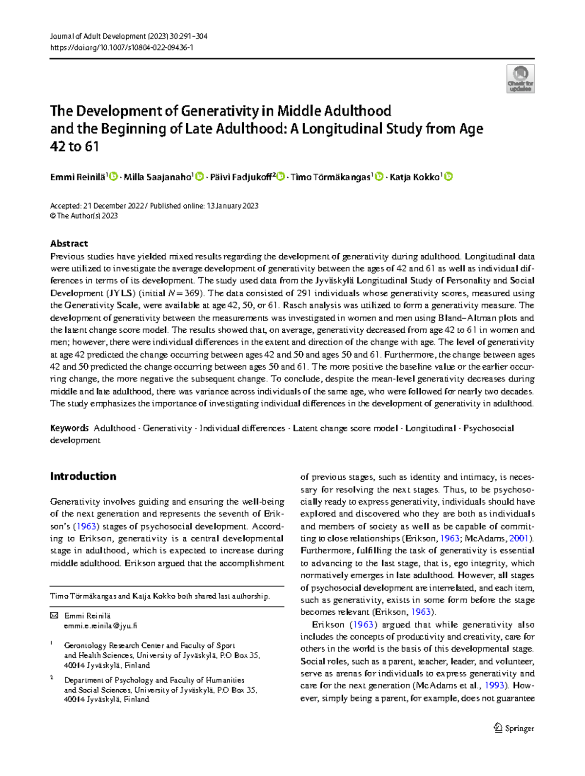 Generativity Development in Middle to Late Adulthood: Ages 42-61 - Vol ...