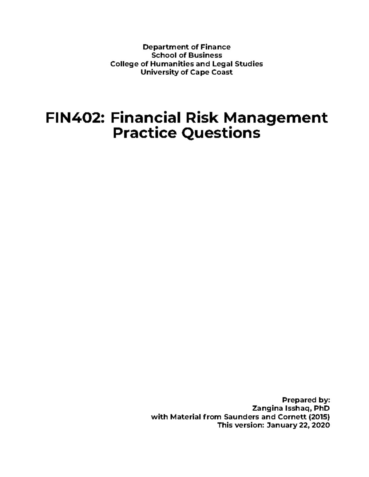 FIN402 Practice Questions on Financial Risk Management - Studocu