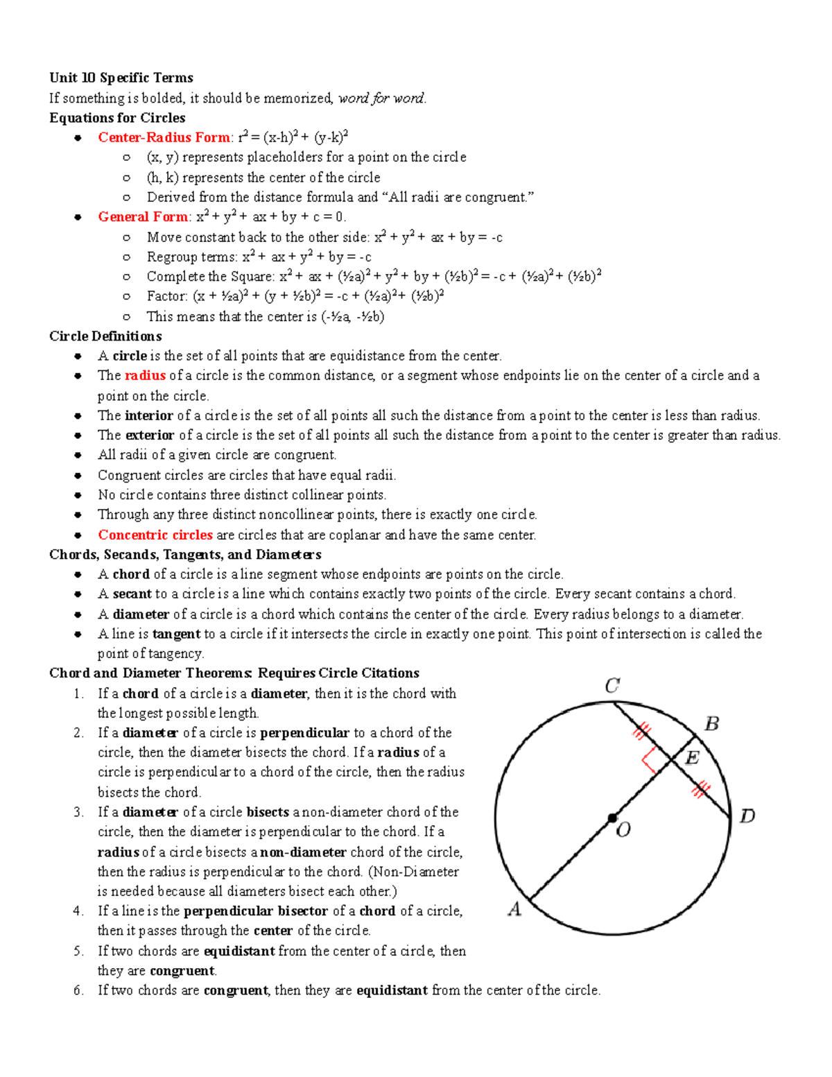 Unit 10: Geometry Circle Terms and Theorems Mastery Guide - Studocu