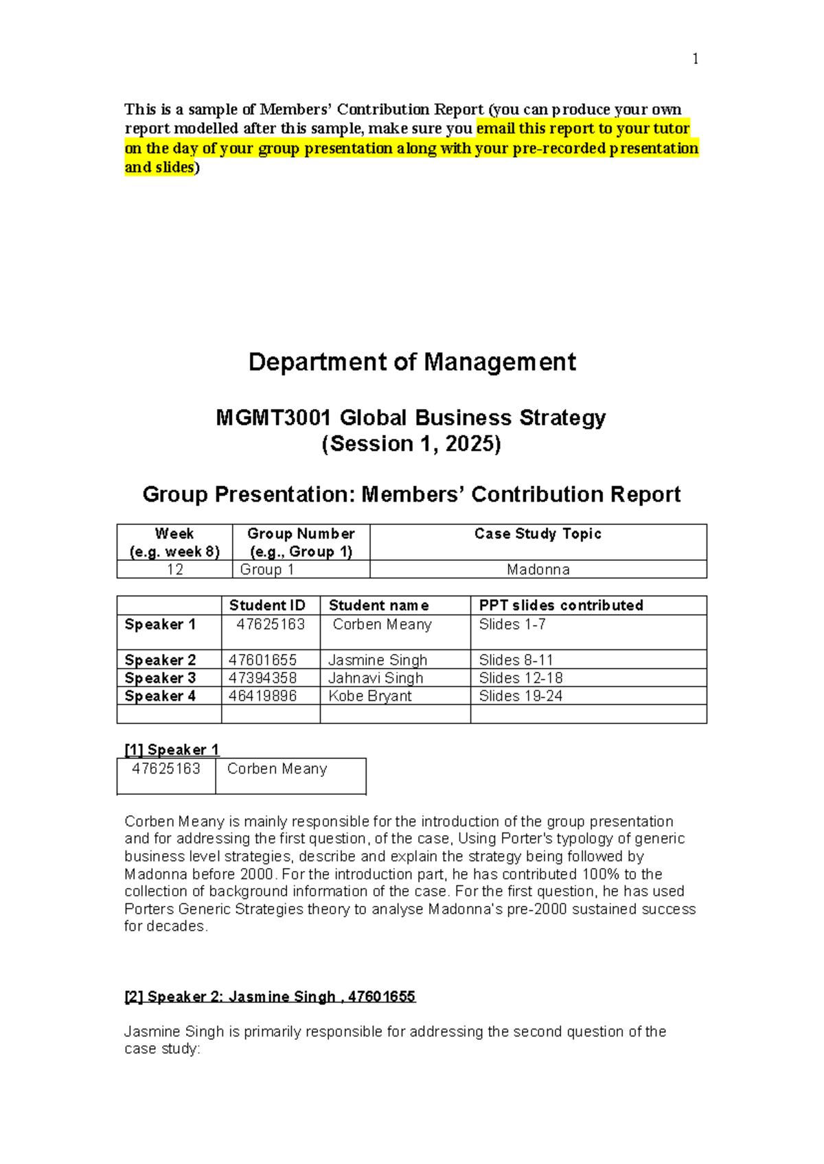 MGMT3001 Group Presentation Contribution Report - Case Study on Madonna ...