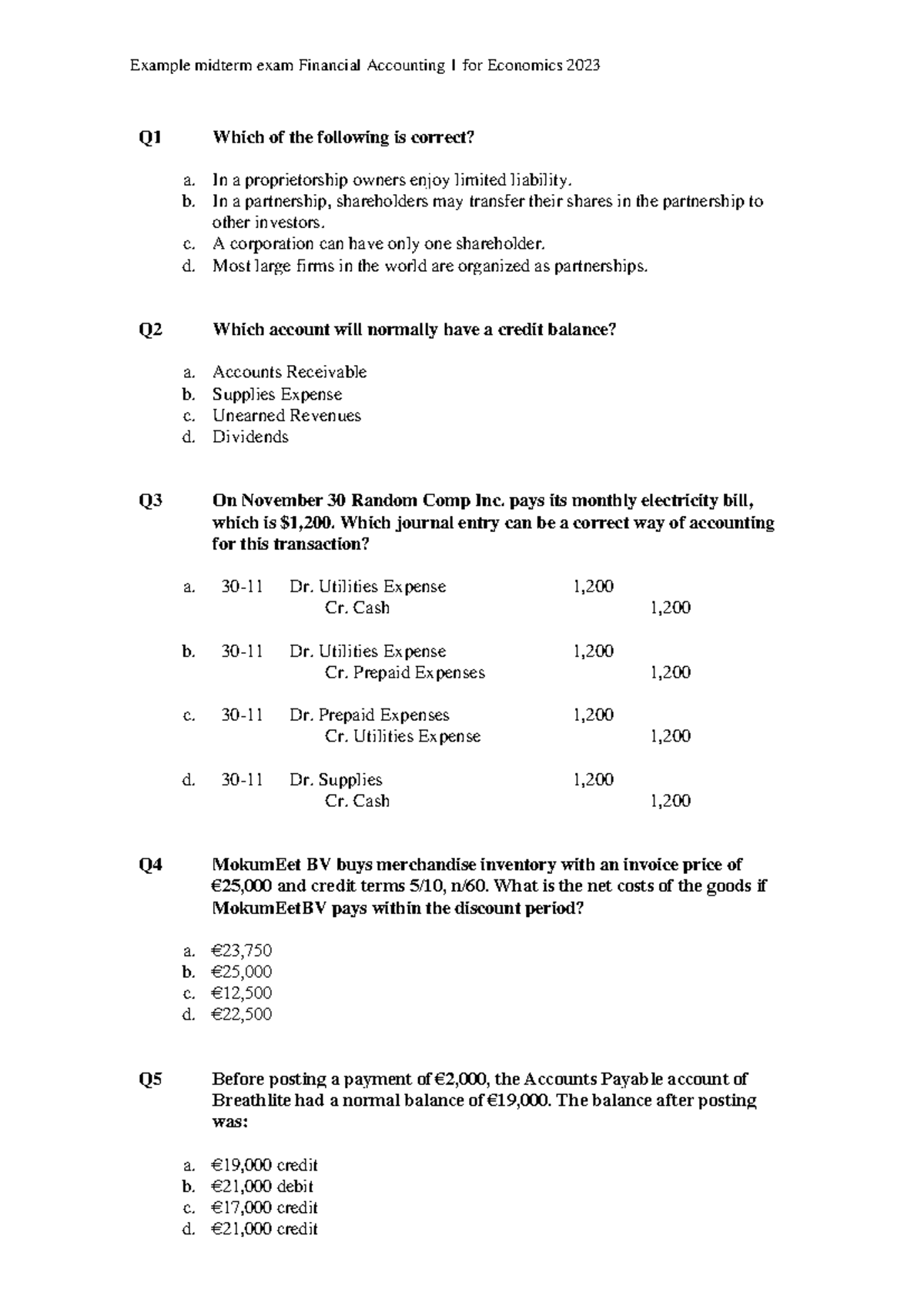 Midterm Exam Sample Questions for ACCT 101 - 2023 (No Answers ...