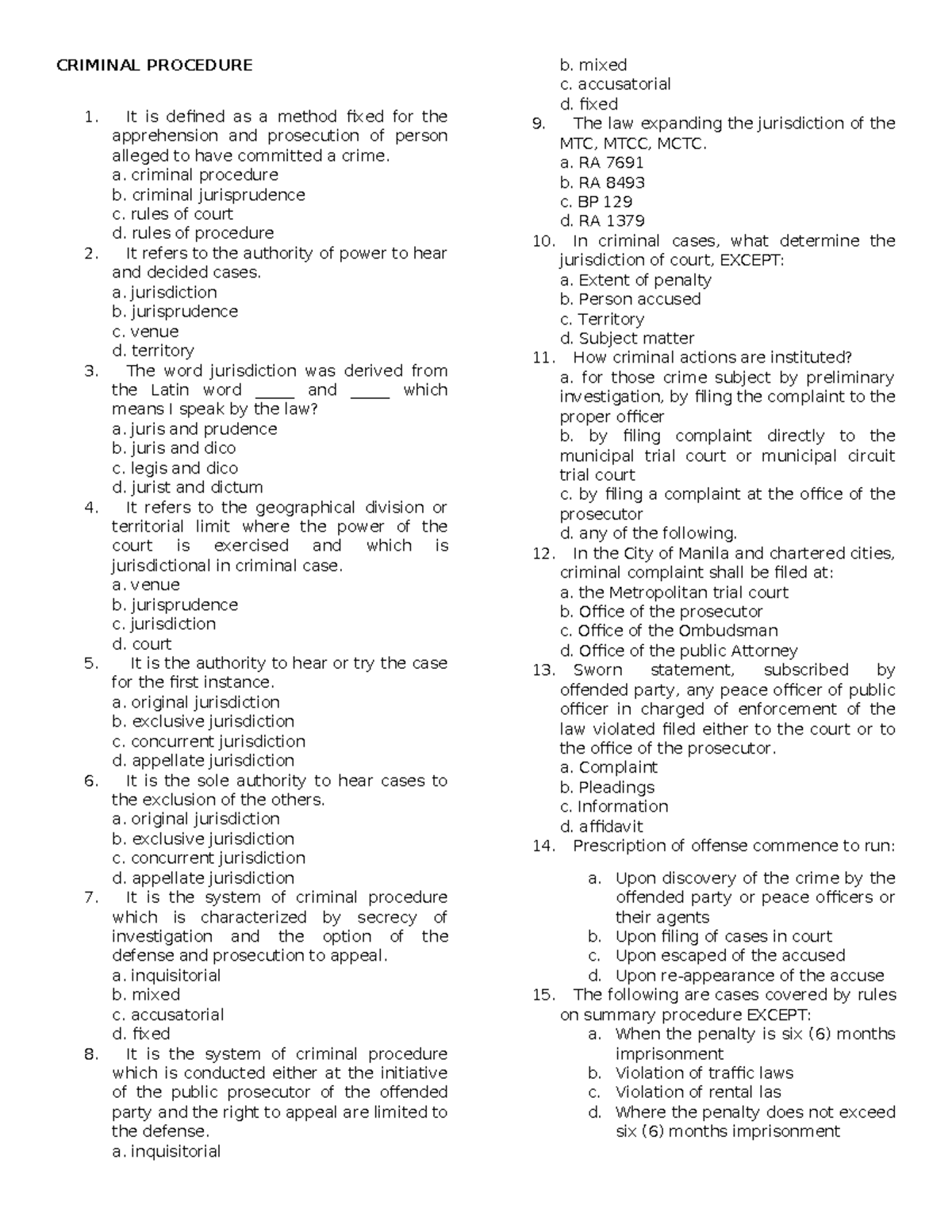 Criminal Procedure - Syllabus Review and Key Topics for Exam - Studocu