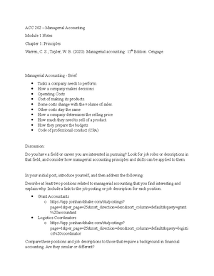 Managerial Accounting Chapter Notes - Chapter 1 Financial accounting o ...