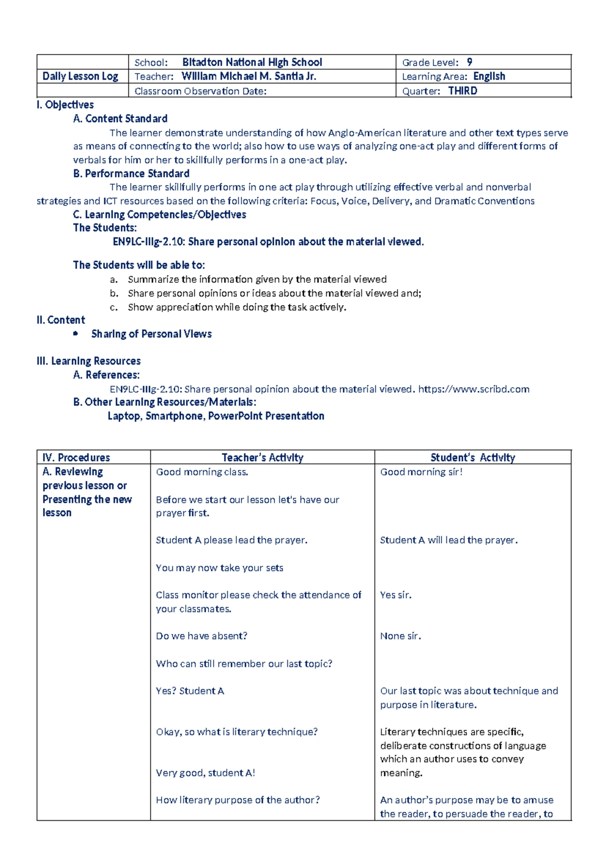 EN9 - Detailed Lesson Plan on Tone and Mood in Literature - Studocu