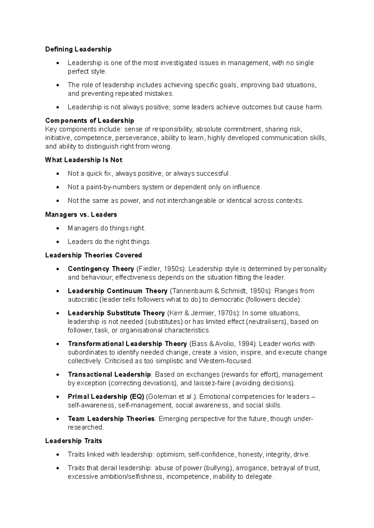 Leadership Theories and Key Components: A Comprehensive Overview - Studocu