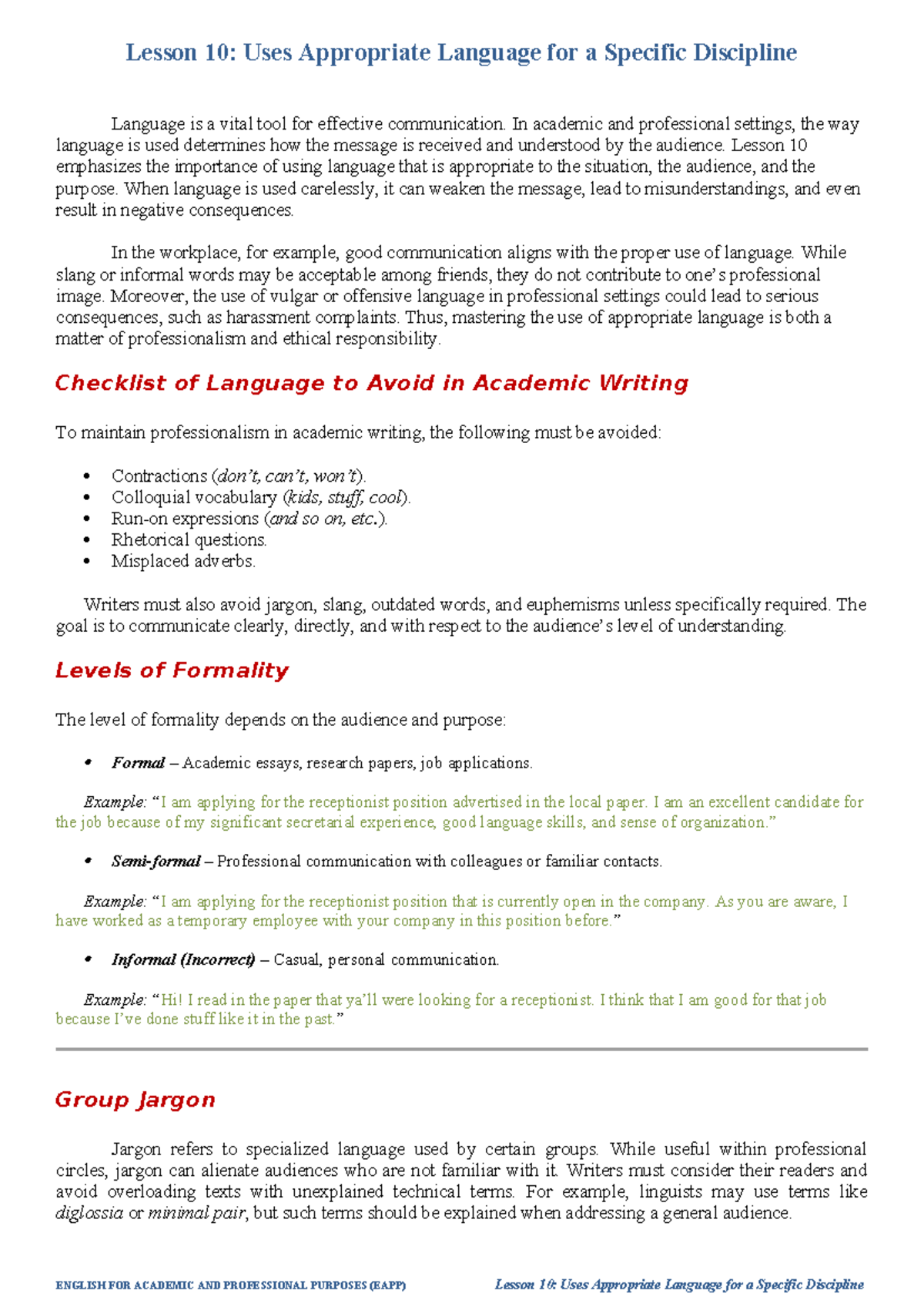 EAPP Lesson 10: Mastering Language for Effective Communication - Studocu