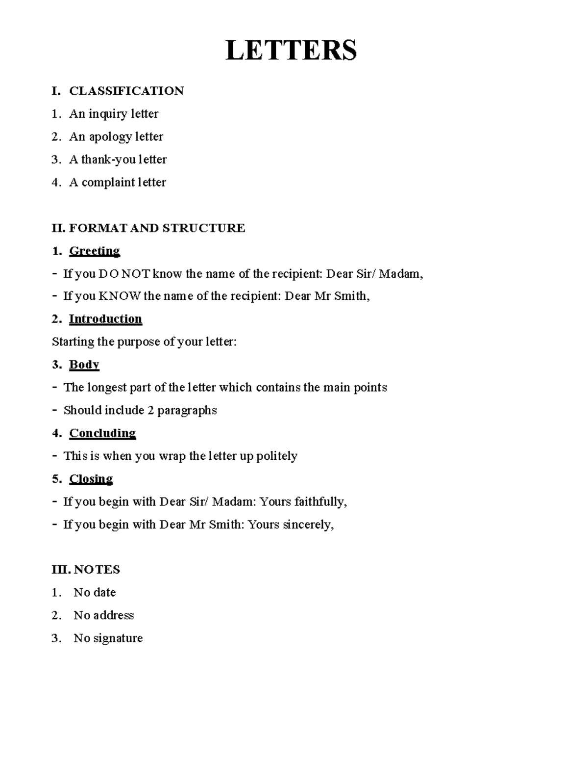 Letters: Classification, Format, Structure & Examples for Writing - Studocu