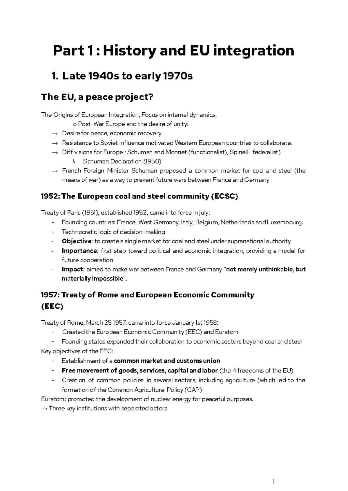 EU Politics: Synthesis of Chapter 1 - History and Integration (1940s ...