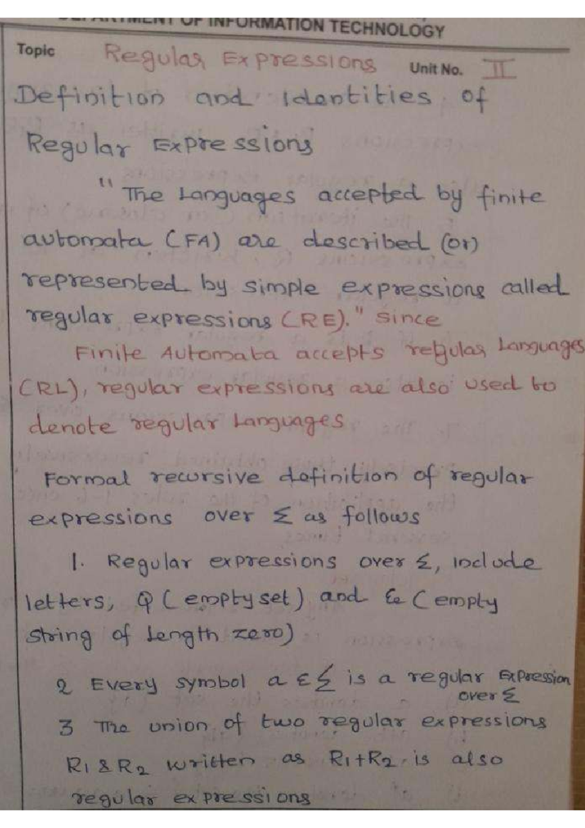 UNIT 2 Regular Expressions in Information Technology - Studocu