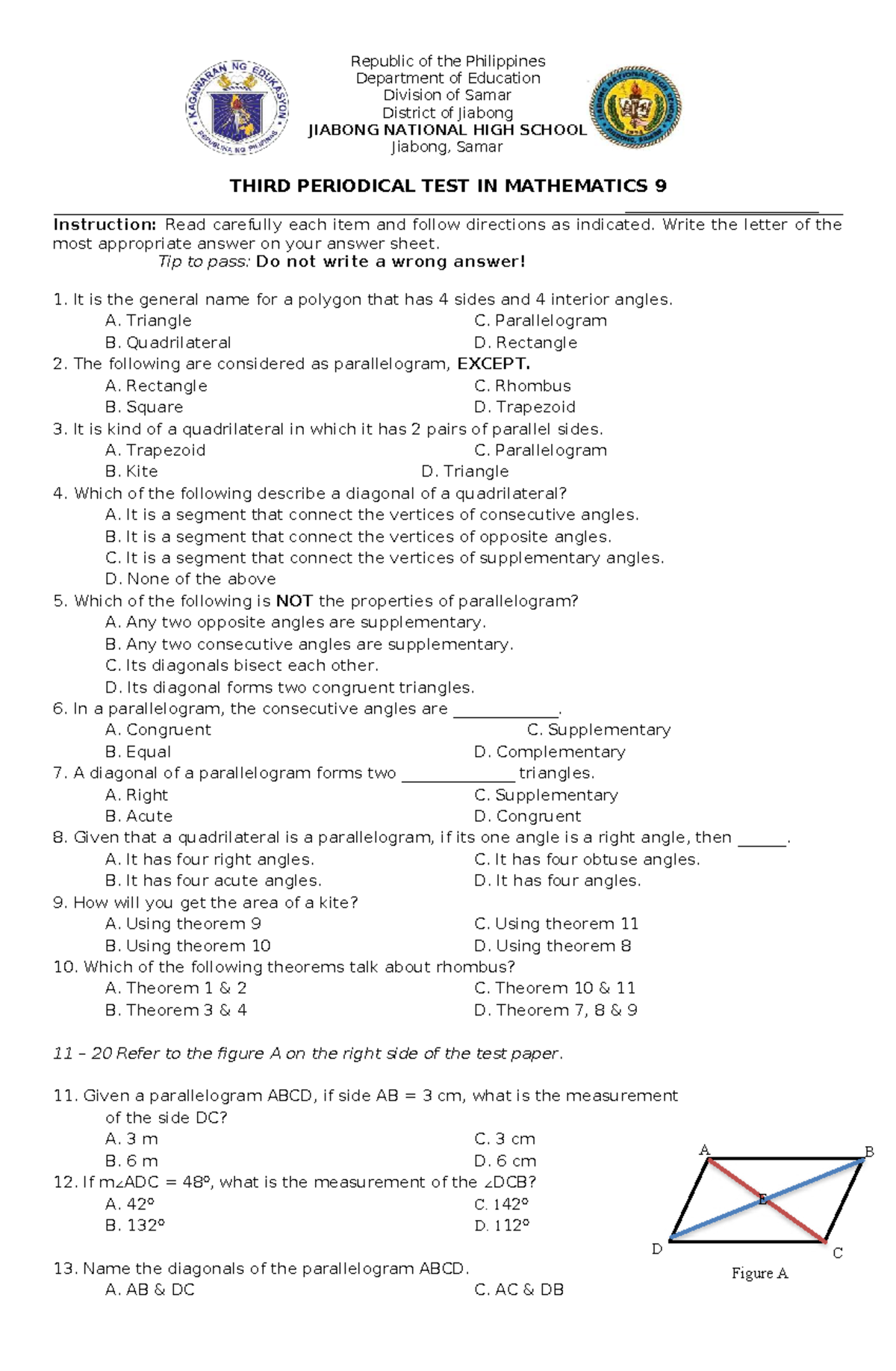 Third Periodical Test in Mathematics 9 - Studocu