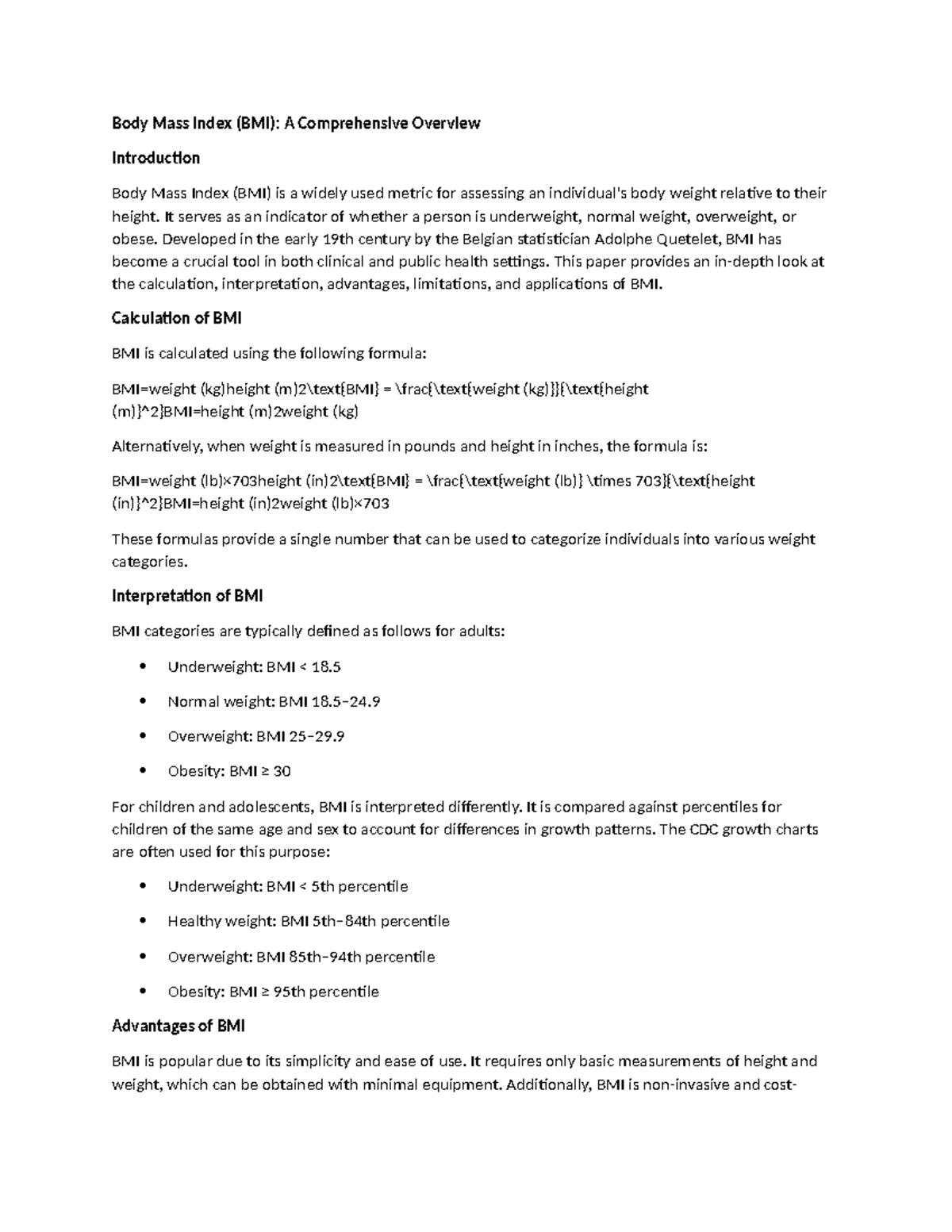 Body Mass Index (BMI) Calculation and Interpretation Guide - Studocu