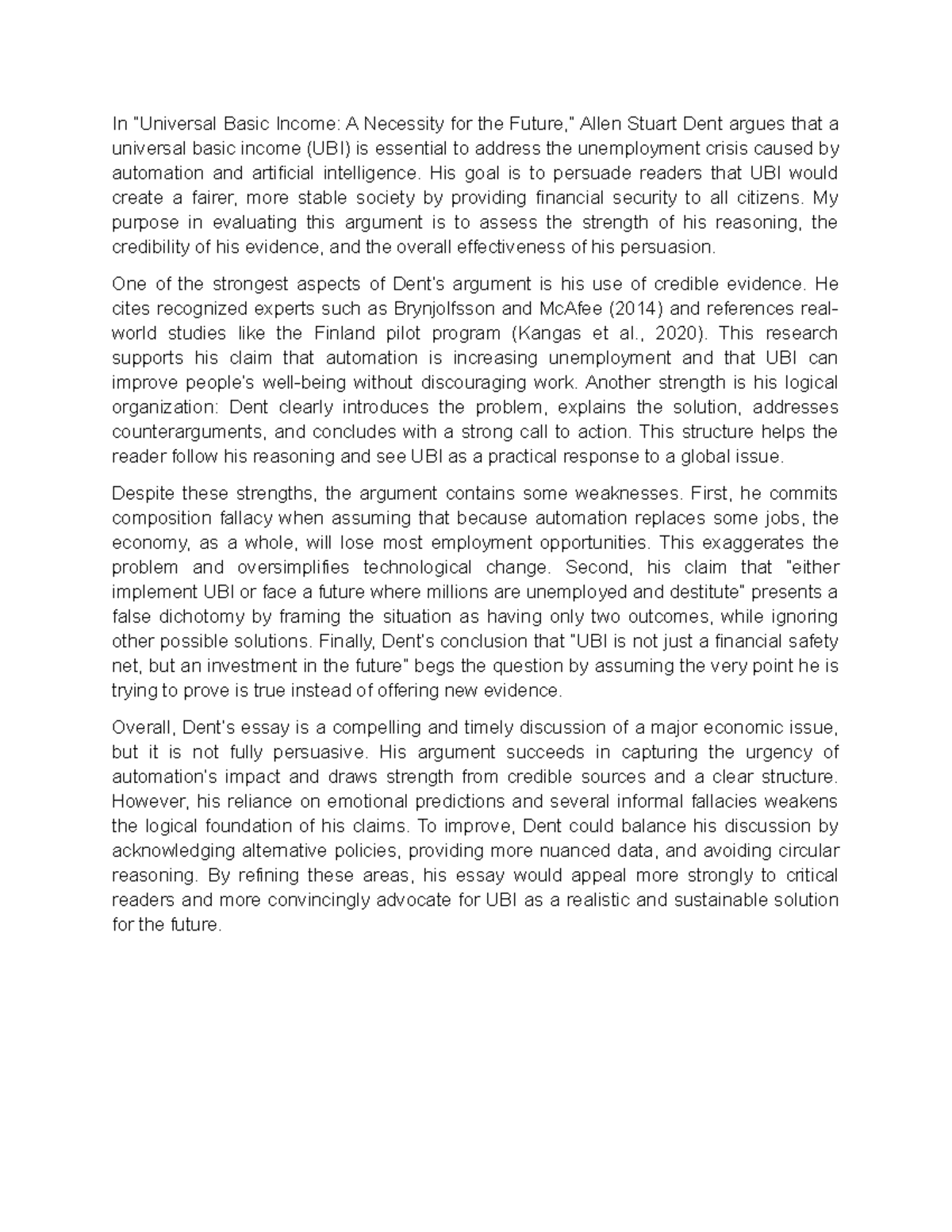 Touchstone 2: Critique of Allen Stuart Dent's UBI Argument - Studocu