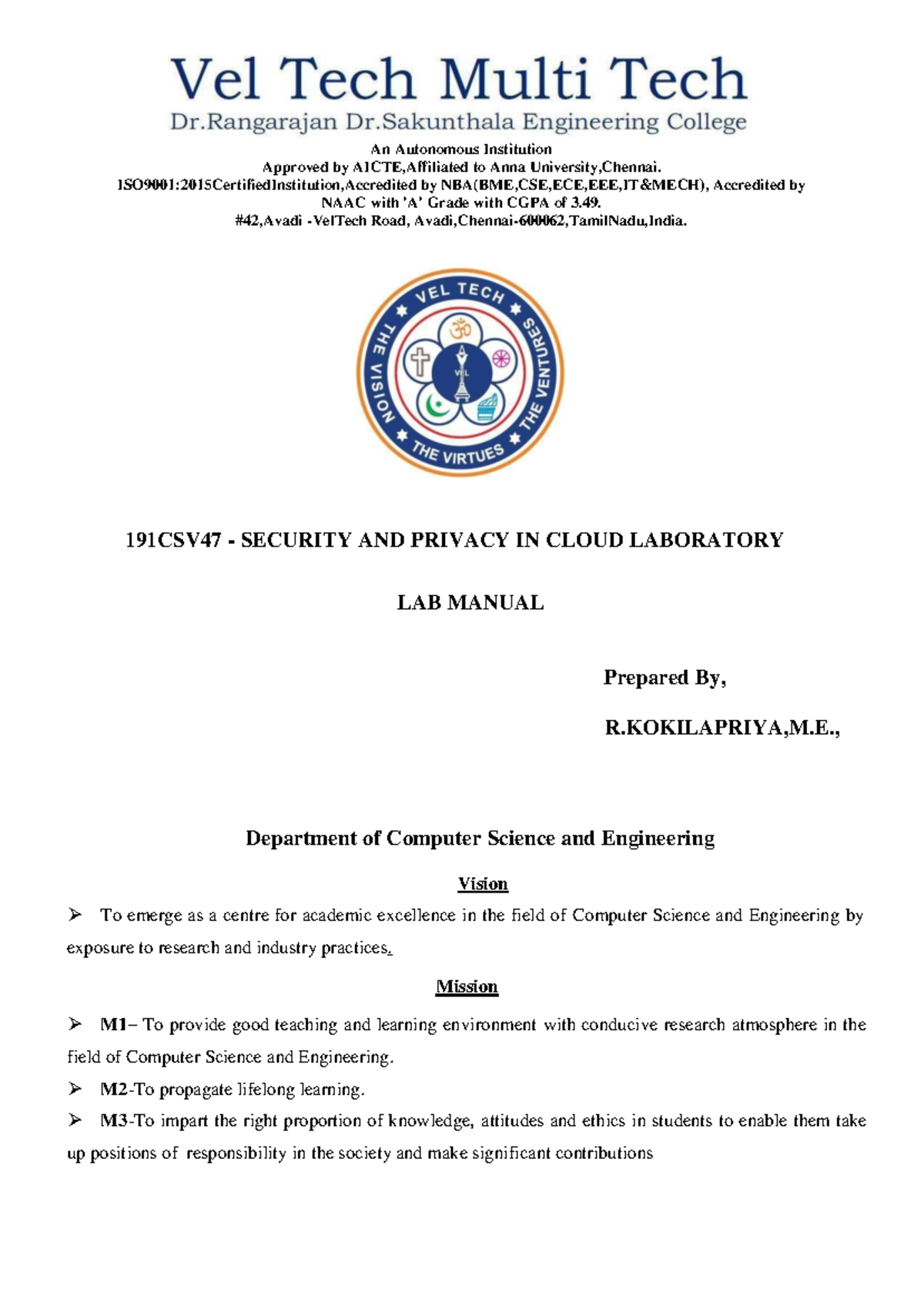 LAB Manual for Security and Privacy in Cloud - CSE 191CSV47 - Studocu