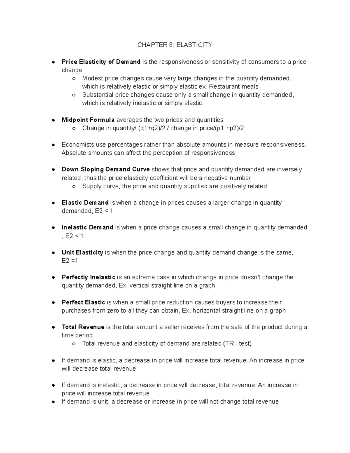 Chapter 6 Elasticity - notes - CHAPTER 6: ELASTICITY Price Elasticity ...