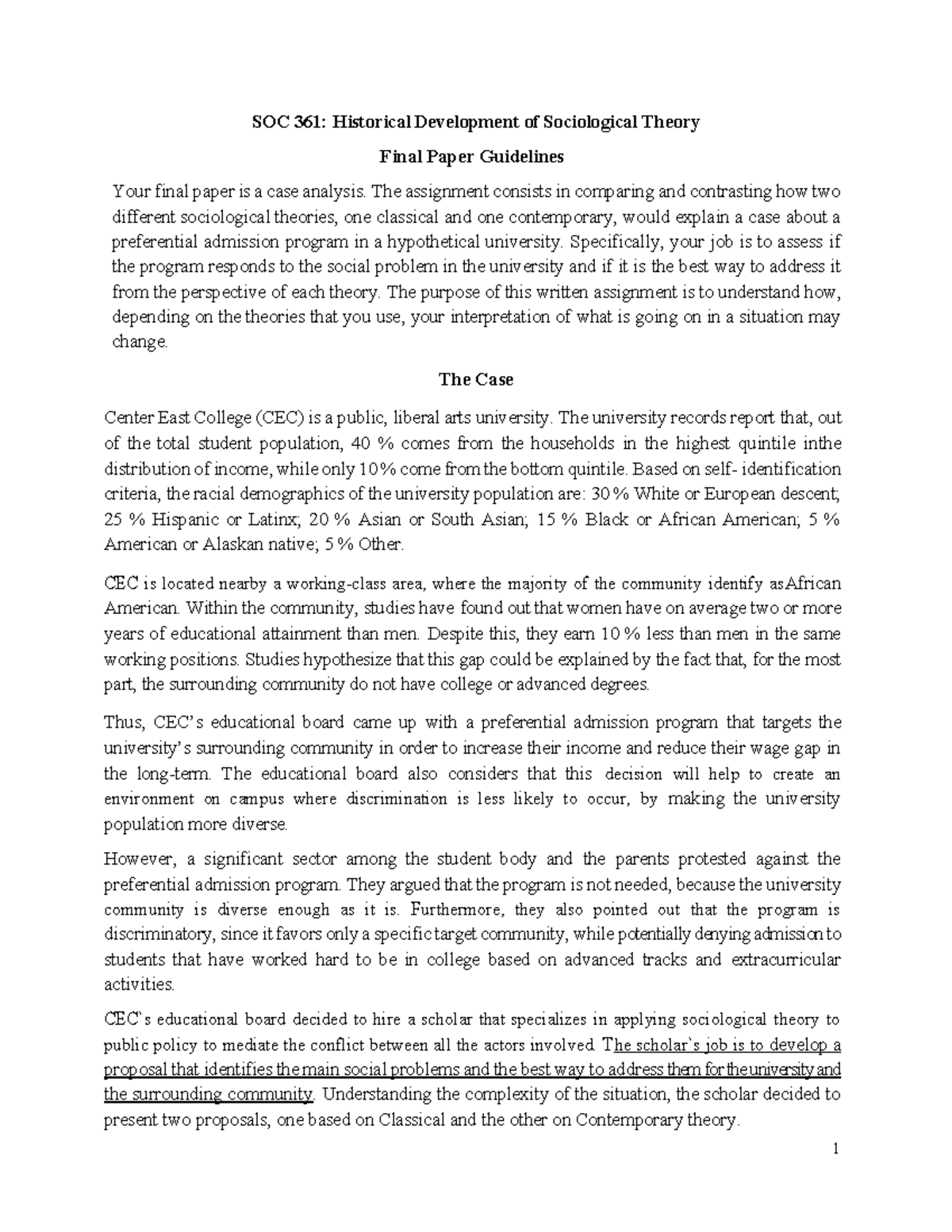 SOC 361: Final Paper Guidelines for Case Analysis on Sociological ...