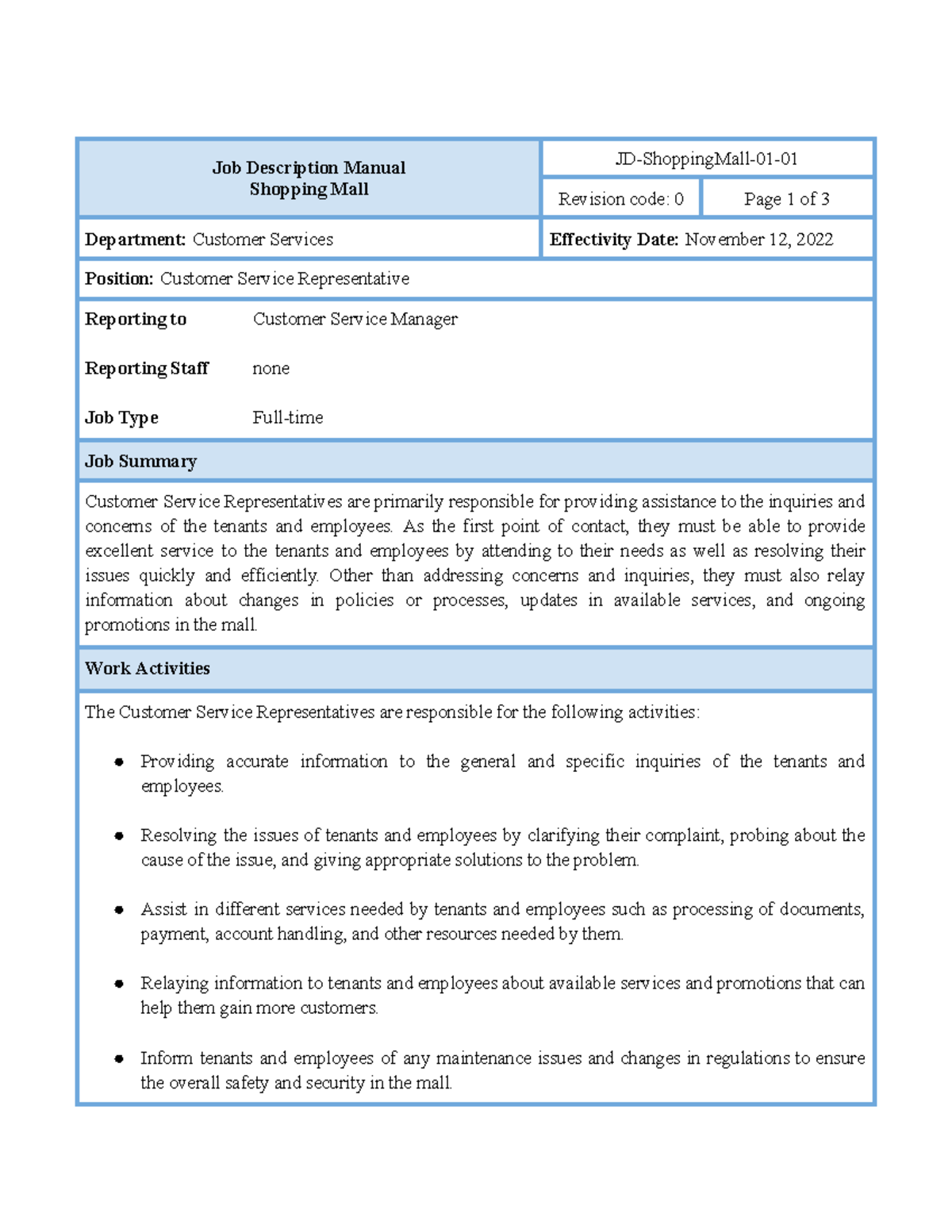 Job Description: Customer Service Representative - Shopping Mall - Studocu