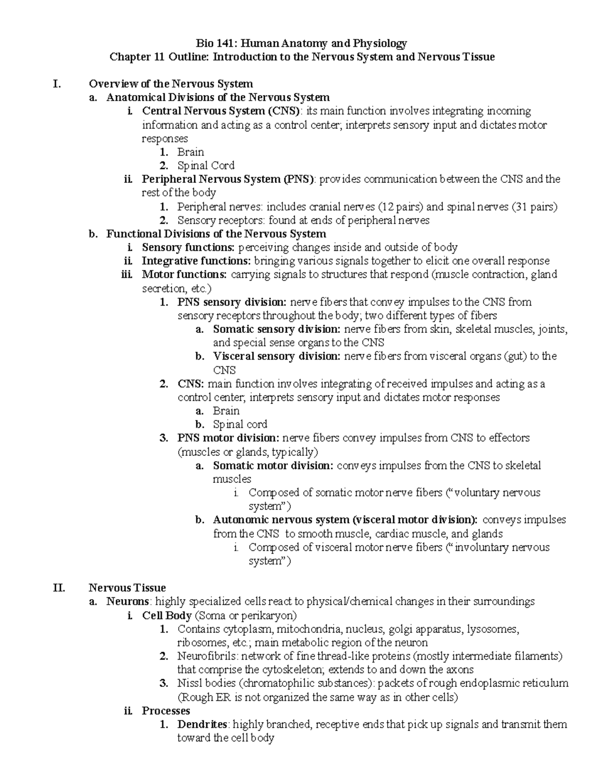 Bio141: Chapter 11 Nervous System Overview and Key Concepts Outline ...