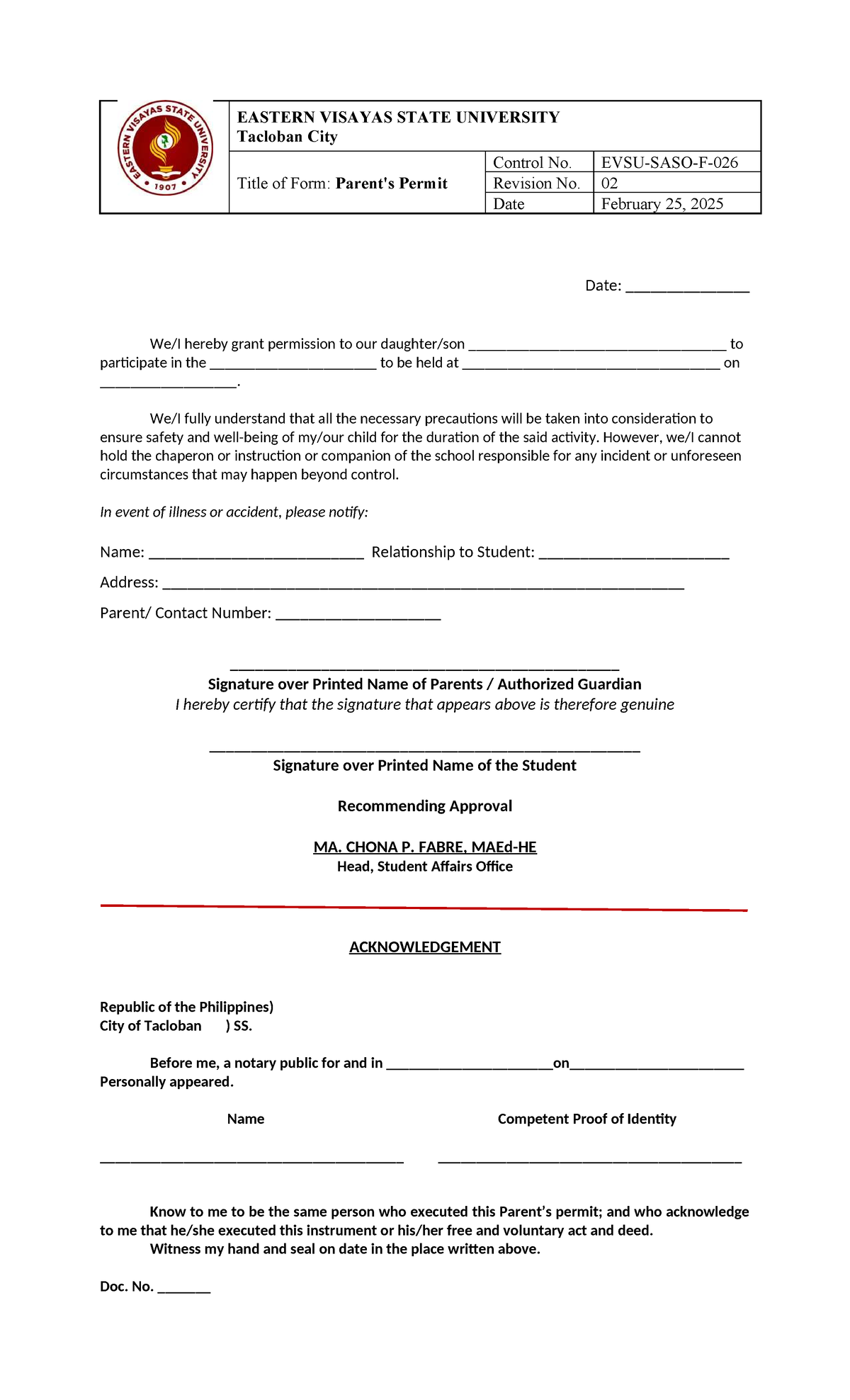 Parents Permit Control Form - EVSU 2025 - Studocu