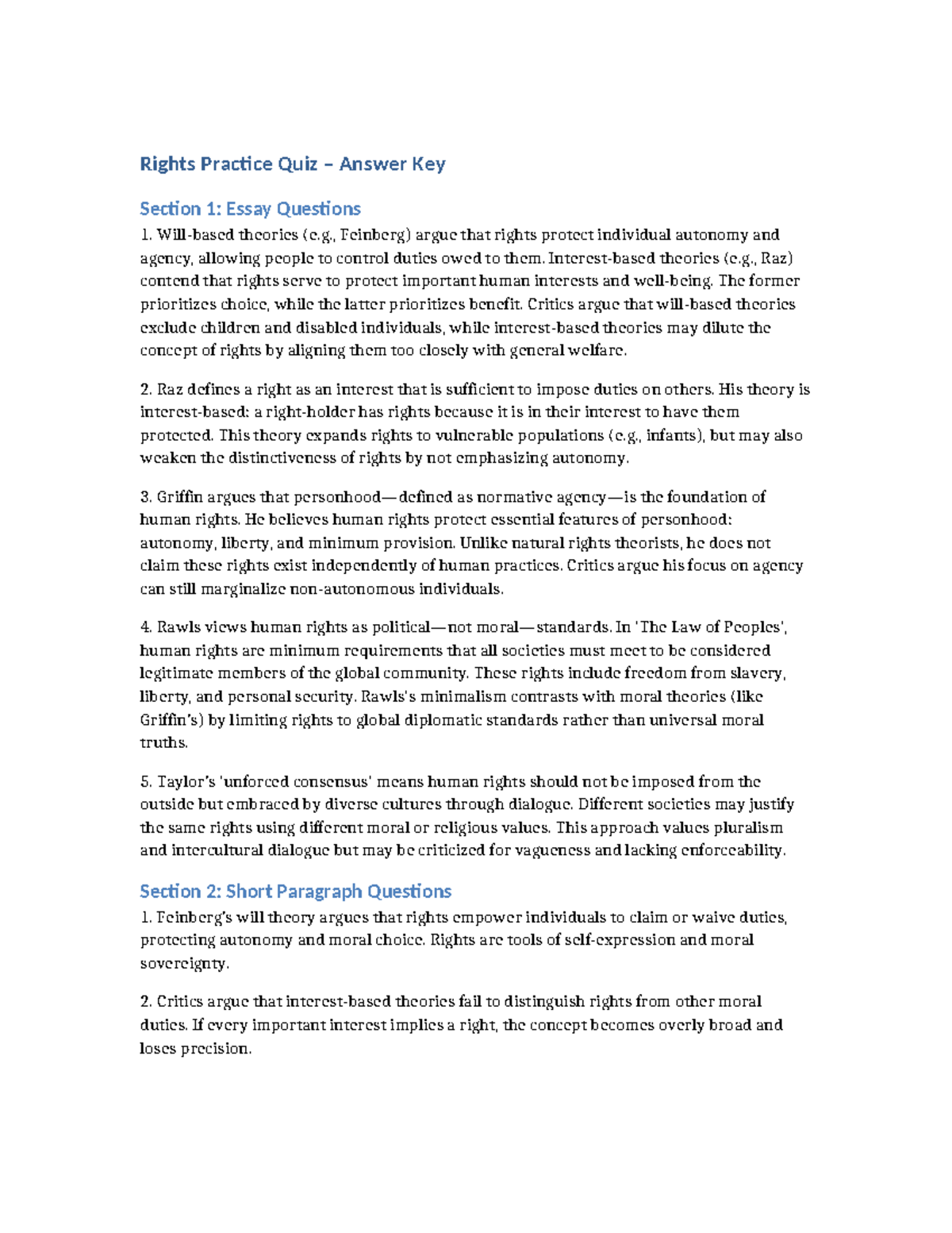 Rights Practice Quiz Answer Key: Theories of Human Rights - Studocu