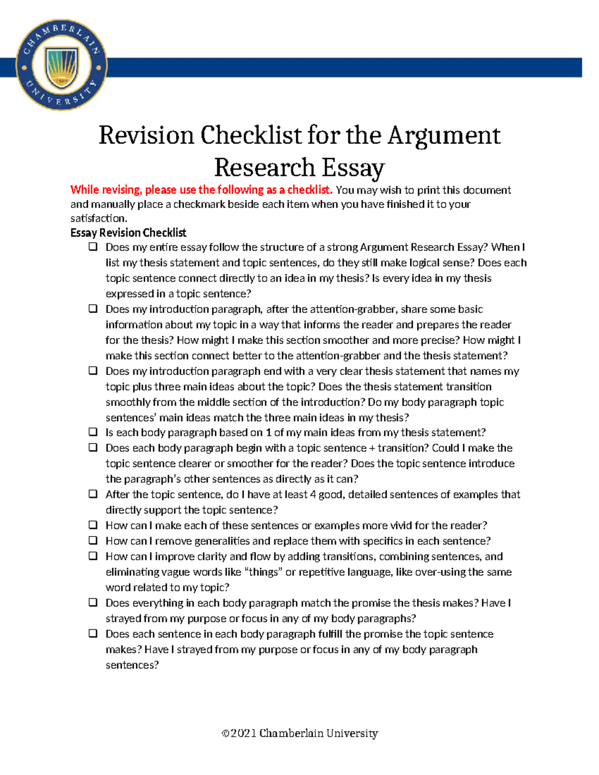 ENGL148 Revision Checklist for Argument Research Essay - Studocu
