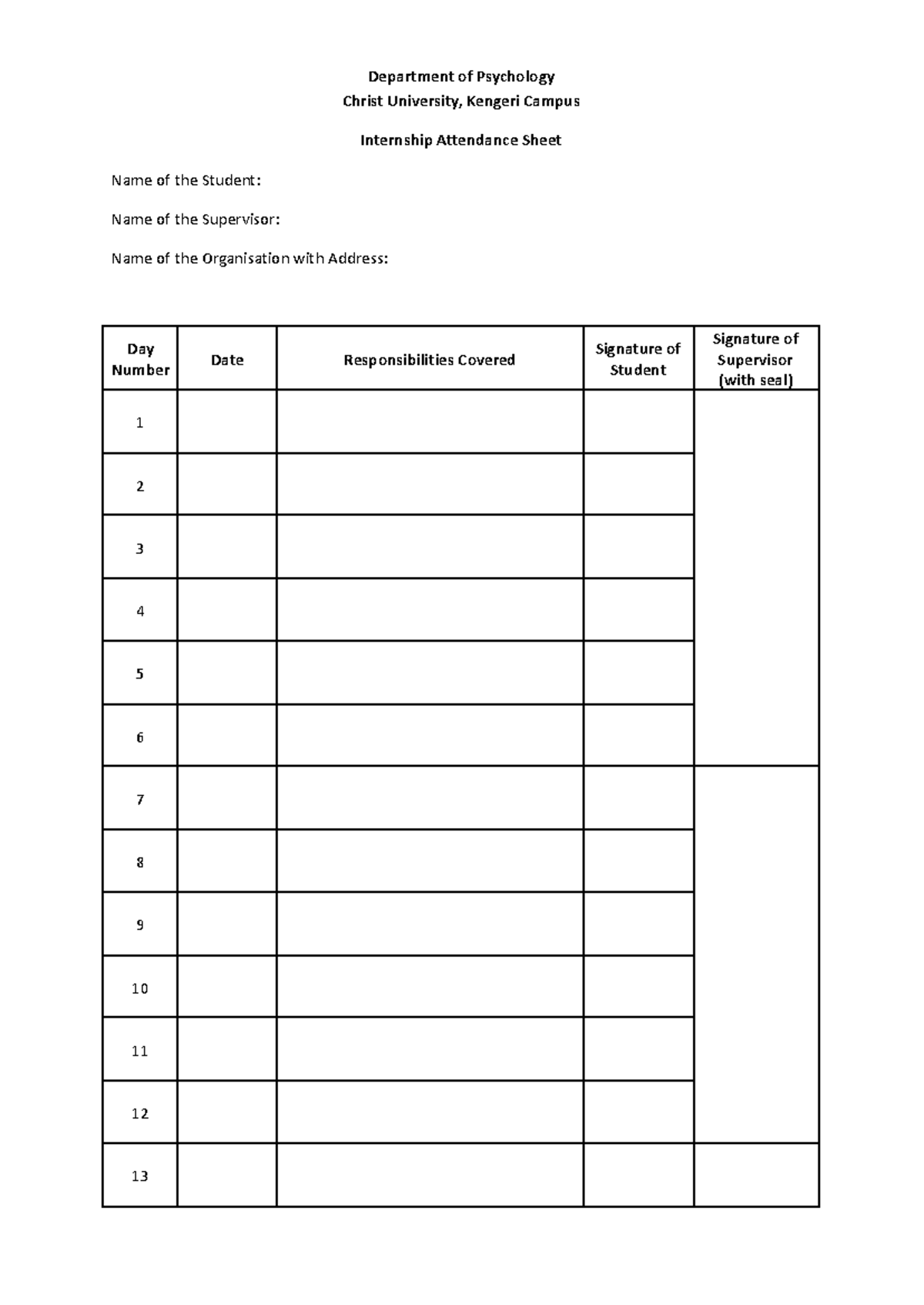 Attendance Sheet - Internship - Department of Psychology Christ ...