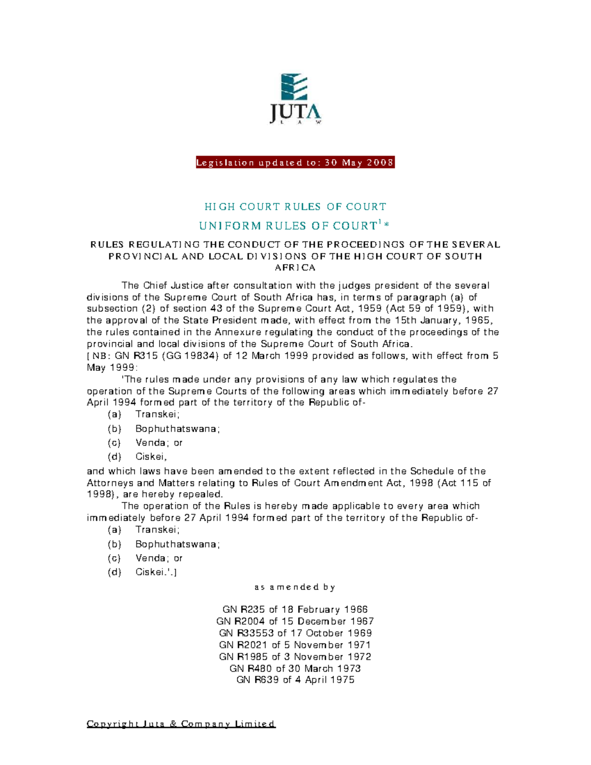 High Court Rules of Court: Updated Legislation as of May 2008 - Studocu