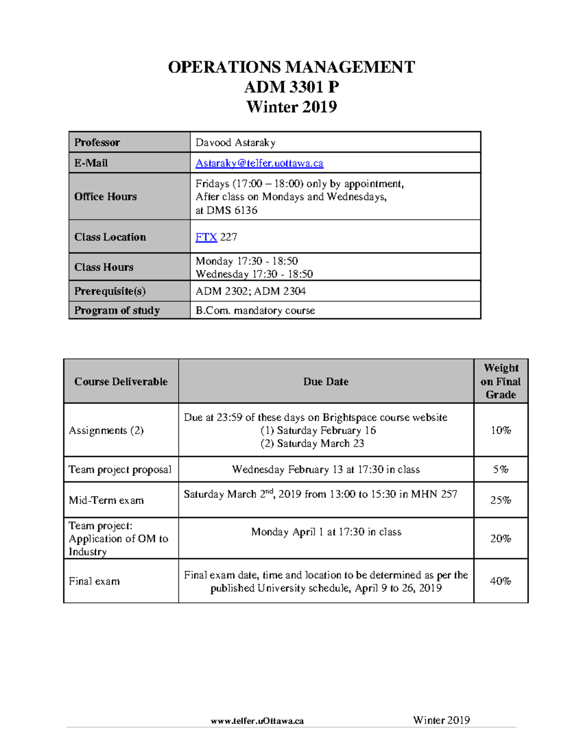 Operations Management ADM 3301 P Course Outline - Winter 2019 - Studocu