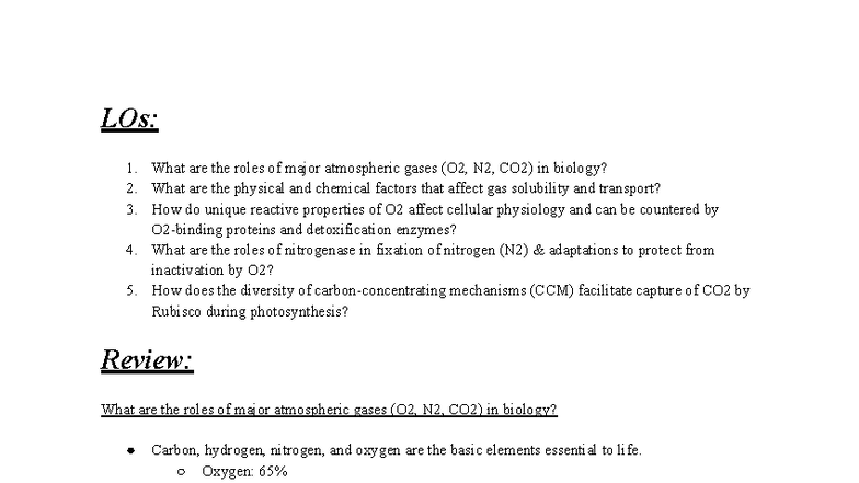Gas Exchange I: Roles of O2, N2, CO2 in Biology and Physiology - Studocu