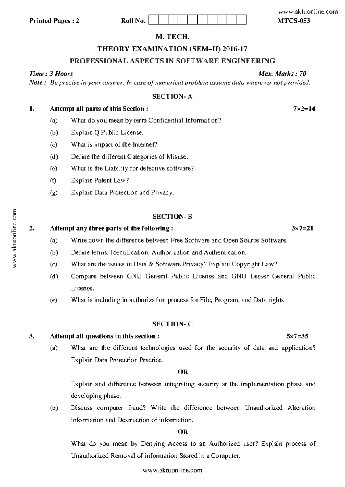 MTECH 2nd Sem Professional Aspects in Software Engineering Exam 2017 ...