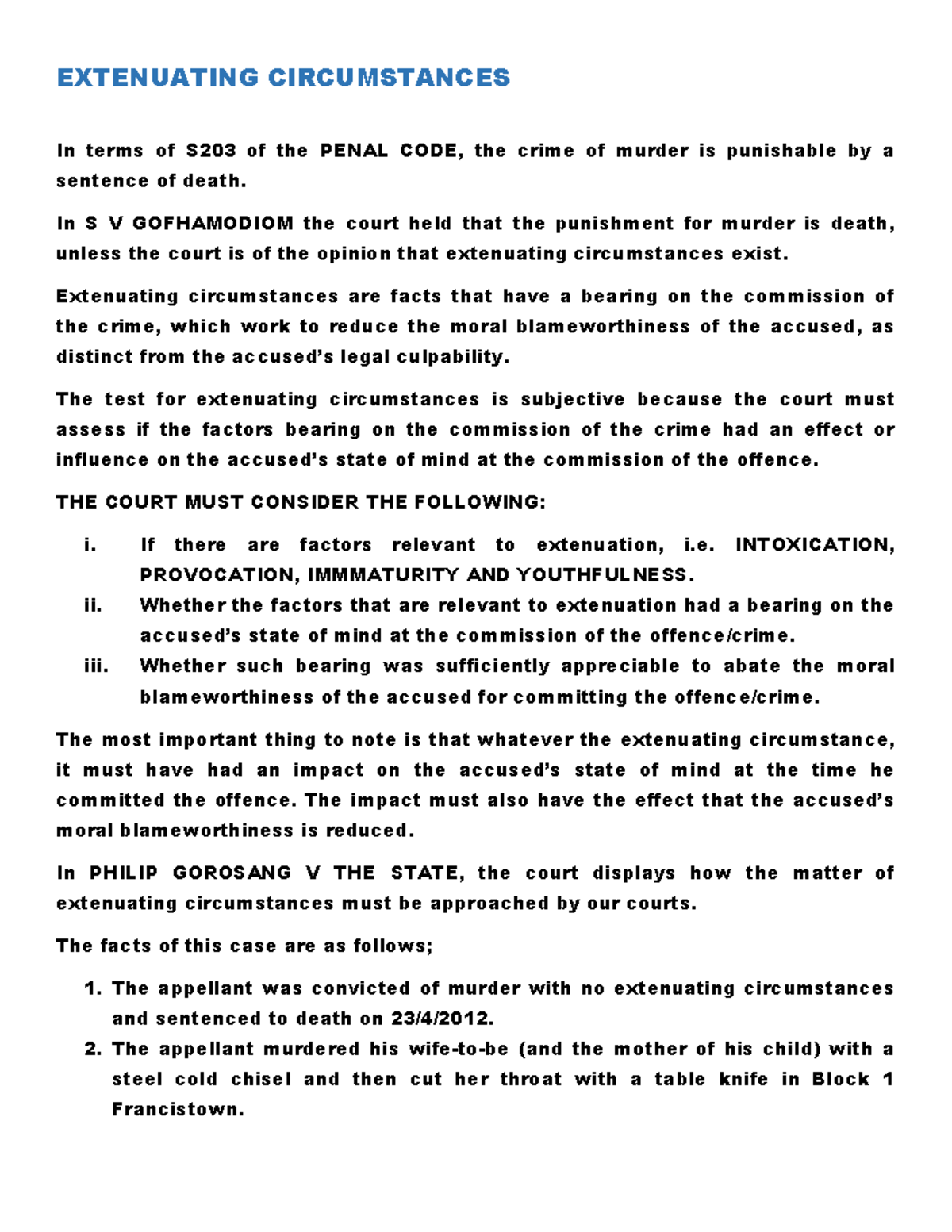 S203 PENAL CODE: Analysis of Extenuating Circumstances in Murder Cases ...