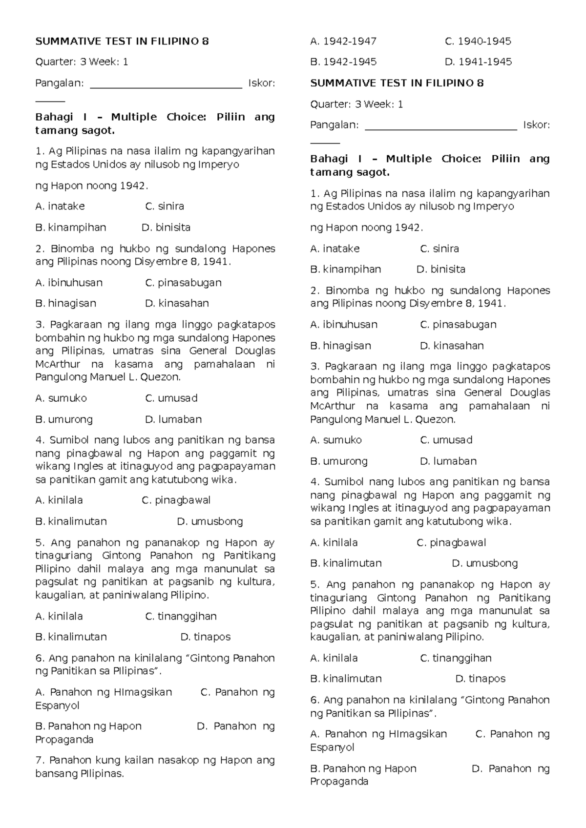 SUMMATIVE TEST IN FILIPINO 8 Q3-W1: Multiple Choice & True/False - Studocu