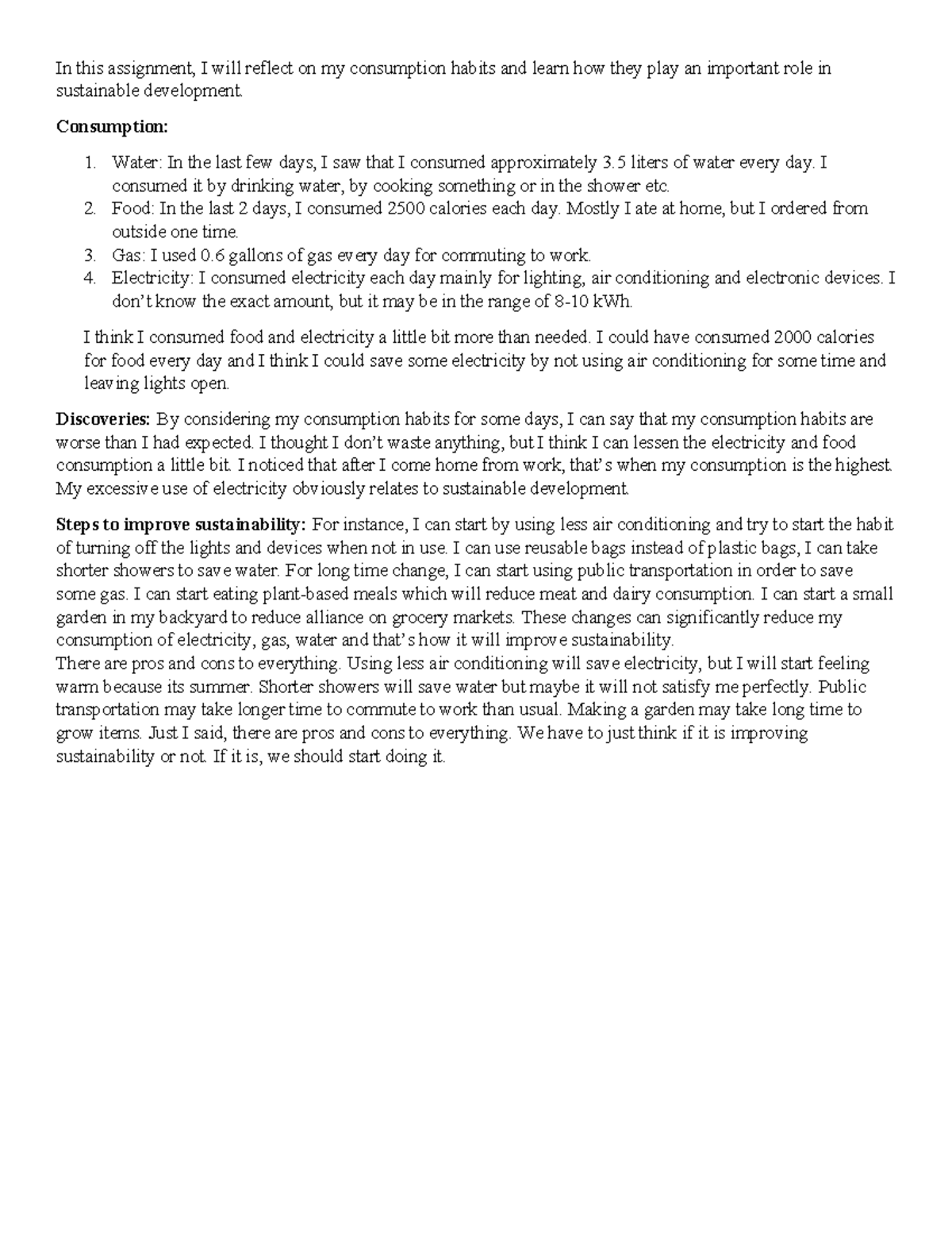 Reflection on Consumption Habits for Sustainable Development Assignment ...