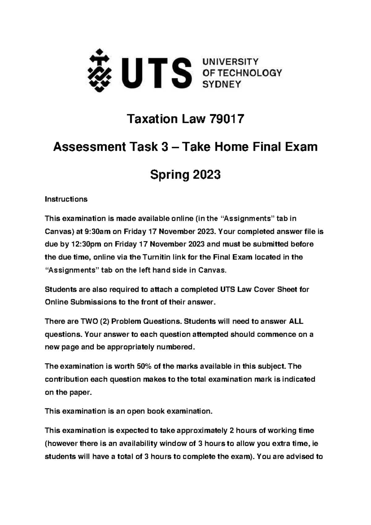 79017 Taxation LAW SPR23 Main Exam - Taxation Law 79017 Assessment Task ...