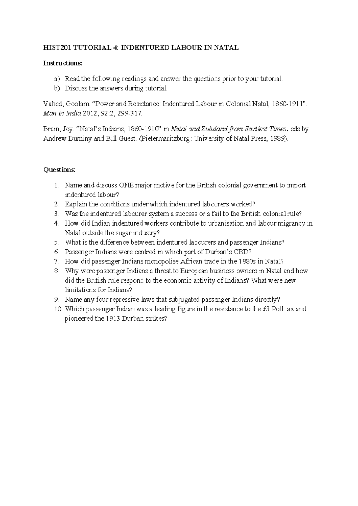 HIST201 Tutorial 4: Indentured Labour in Natal Exam Prep Guide - Studocu