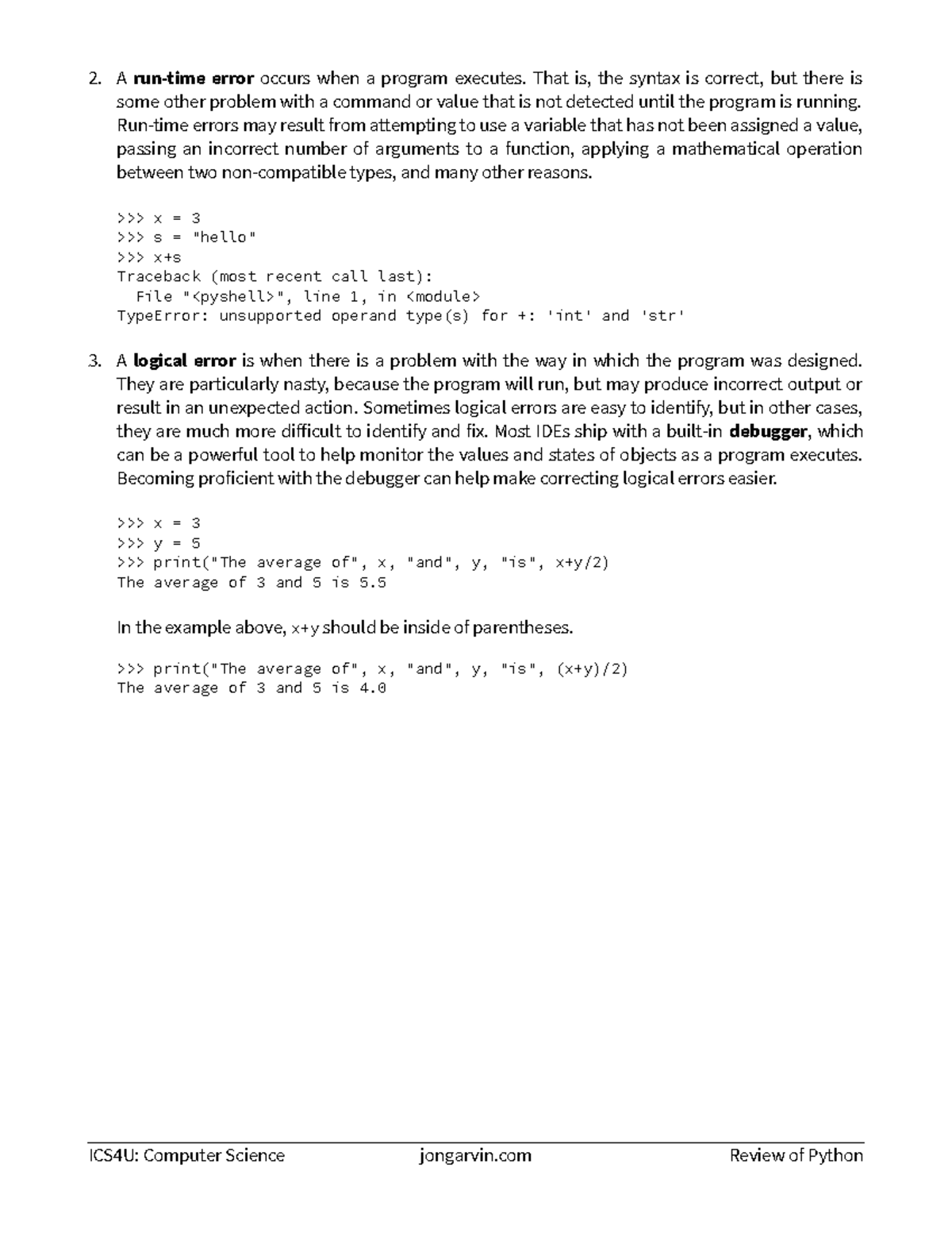 ICS4U: Review of Python Errors and Debugging Techniques - Studocu