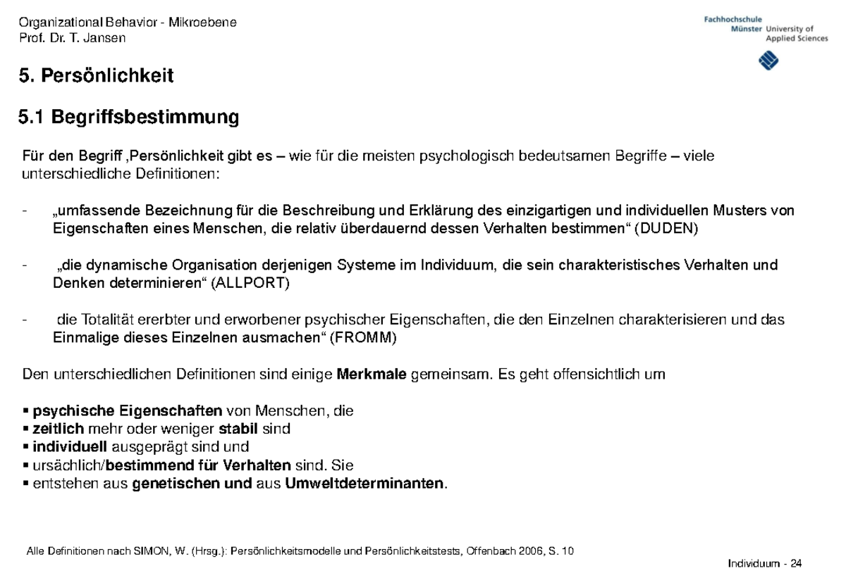 Organizational Behavior Mikroebene: Persönlichkeit und Tests (OBMI W25 ...