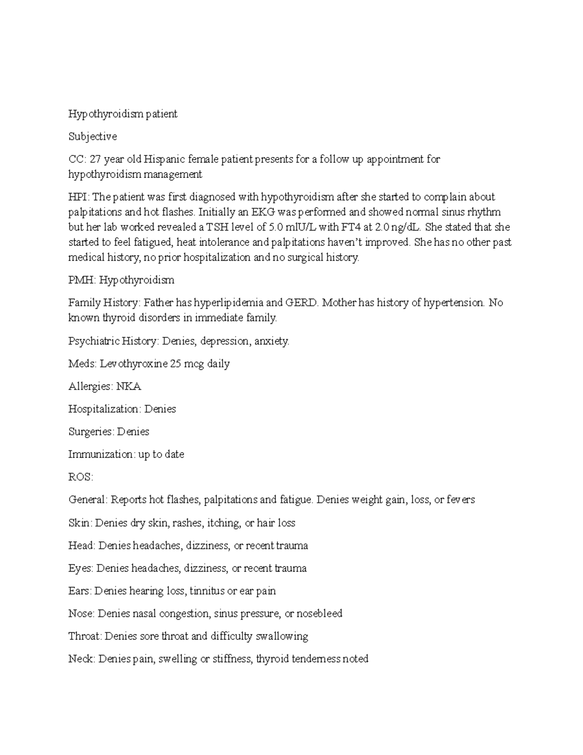 SOAP Note for Hypothyroidism Management (Course Code: E03.9) - Studocu